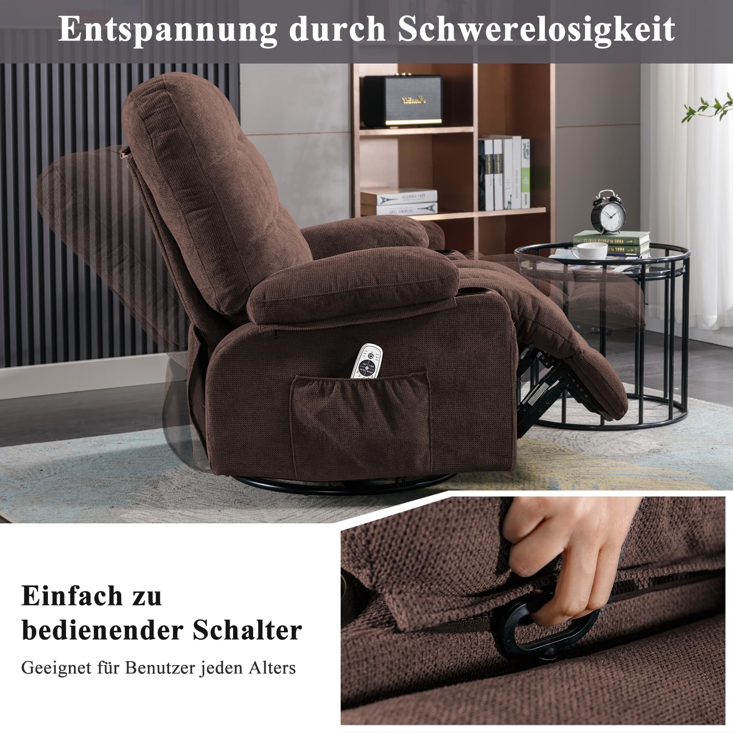 Bosmiller Relaxsessel mit Liegefunktion Elektrisch Fernsehsessel Oversize 360° Drehbarer Liegesessel mit Wärmefunktion Heizung Verstellbar Sessel Stoff TV-Sessel für Wohnzimmer, Braun