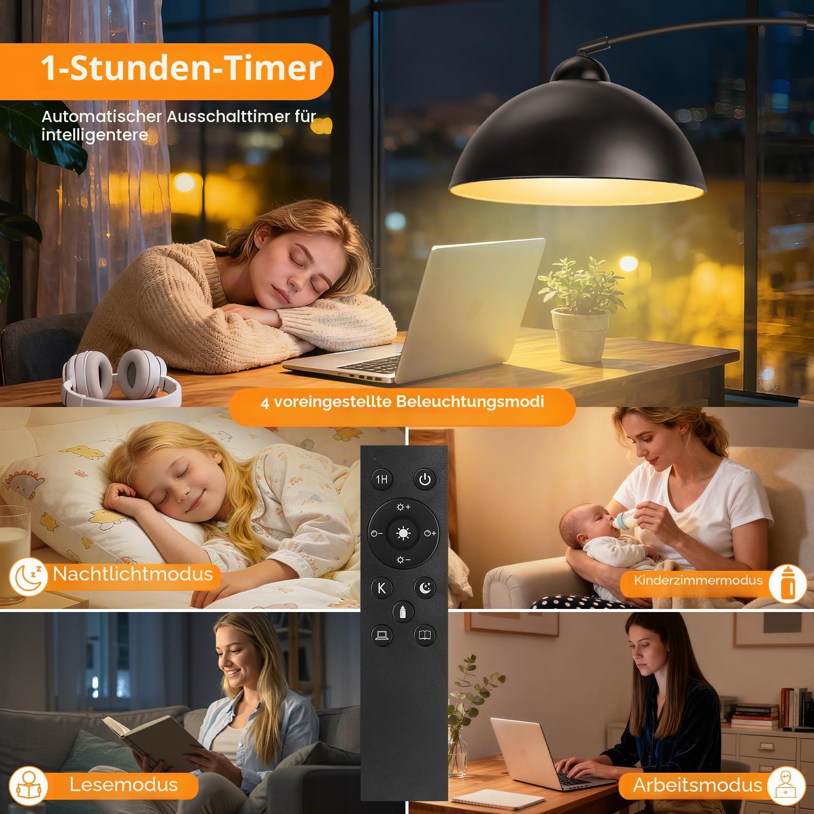 OUTON Bogenlampe mit Metallschirm, Dimmbare LED Stehlampe mit Fernbedienung und Fußschalter, 4 Farbtemperaturen, 12W Industrial Vintage Standleuchte für Wohnzimmer, Schlafzimmer, Büro, Schwarz