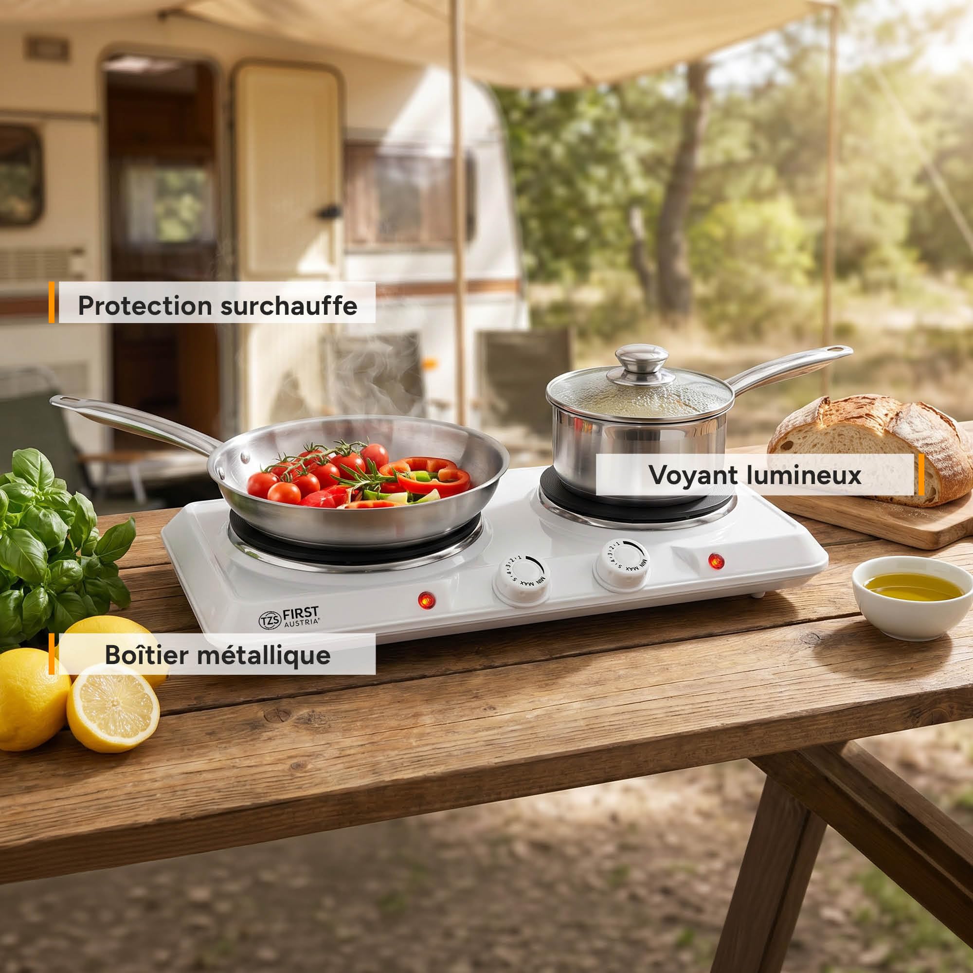 TZS First Austria - Double Plaque de Cuisson 2500W - Foyers en Fonte 180 & 150 mm - Thermostat Réglable - Réchaud Mobile pour Camping & Cuisine - Blanc
