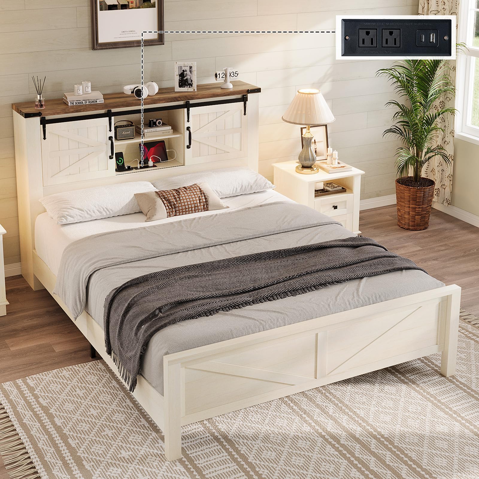LUXOAK Queen Size Farmhouse Platform Bed, Storage Bookcase Headboard with Sliding Barn Doors, Built-in Charging Station & Adjustable Shelves, Sturdy Frame, No Box Spring Required, Antique White