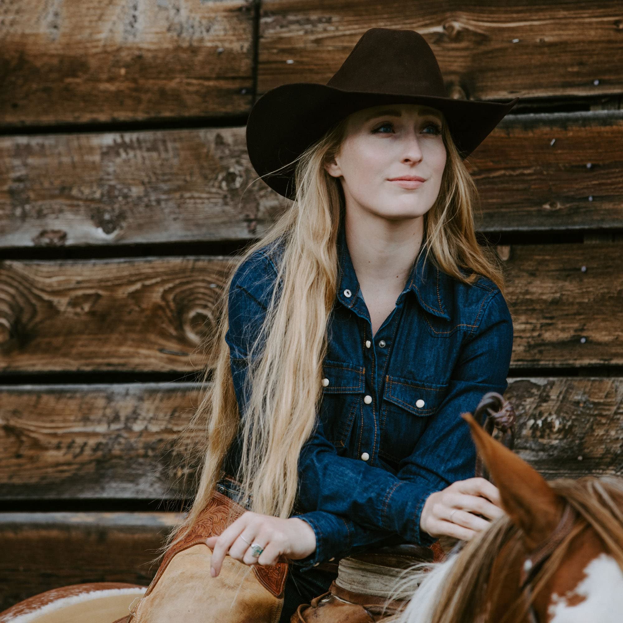 Cappelli da Cowboy da Donna Classici in Feltro, a Tesa Larga, con Fibbia e Cintura, Nero, L