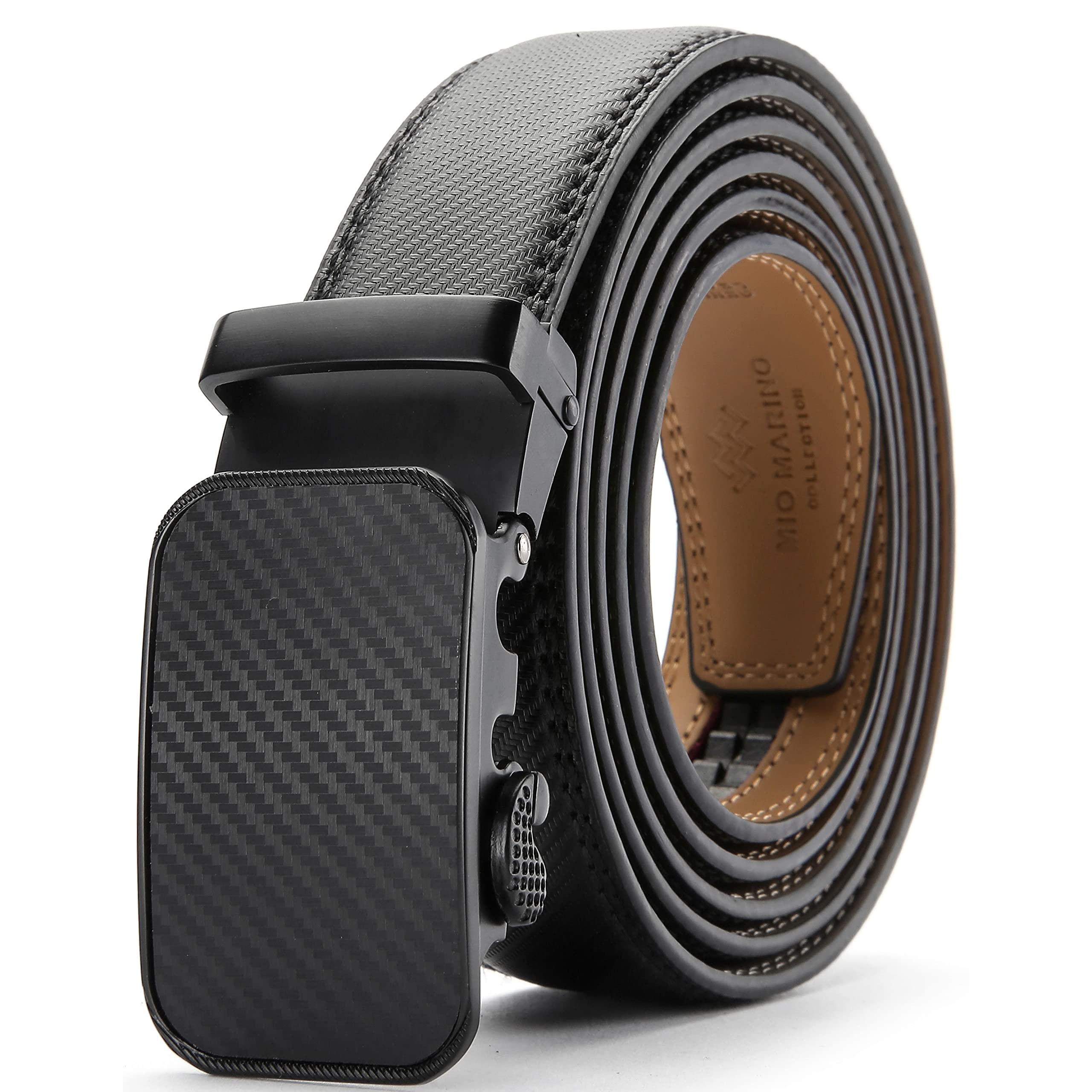 Marino Avenue Men’s Genuine Leather Ratchet Dress Belt With Automatic Buckle, Enclosed in an Elegant Gift Box - Diagonal Weave - Deep Charcoal - Adjustable from 28" to 44" Waist