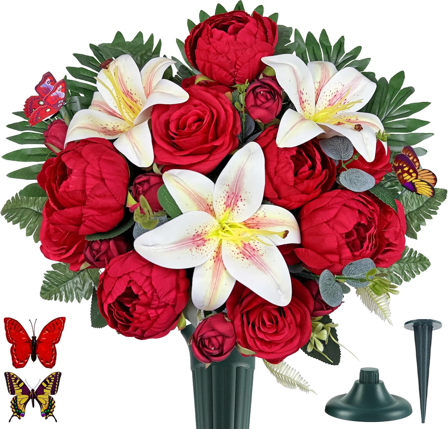 Artificial Cemetery Flowers for Grave Vase， Headstone Silk Flower Arrangement, Graveside Decoration- Vibrant Red Camellia Rose Lily Mix Bouquet, Tombstone Memorial Flowers