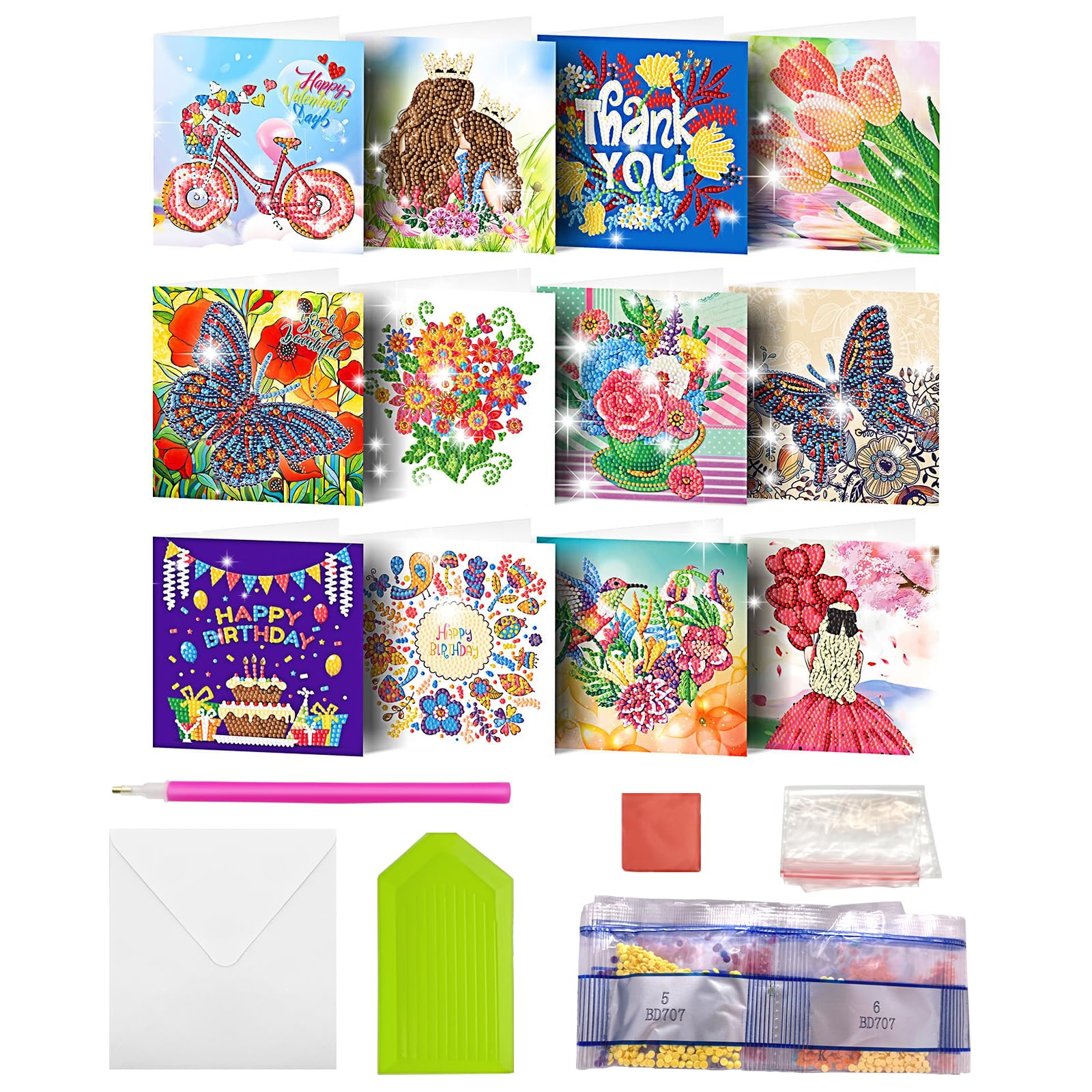 MEDOYOH 12PCS DIY Diamond Painting Greeting Card with Envelopes, Diamond Painting Blank Art Cards for Birthday Mother's Day Christmas Anniversary Thanksgiving, Girls and Flowers 08 โ image 1