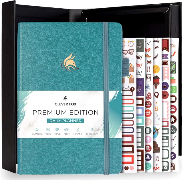 Clever Fox Planner Daily Premium Edition  Luxurious Daily Planner with Hourly Schedule, Personal Organizer, Productivity & Goal Journal, Undated - Start Anytime, A5, Lasts 6 Months - Aquamarine