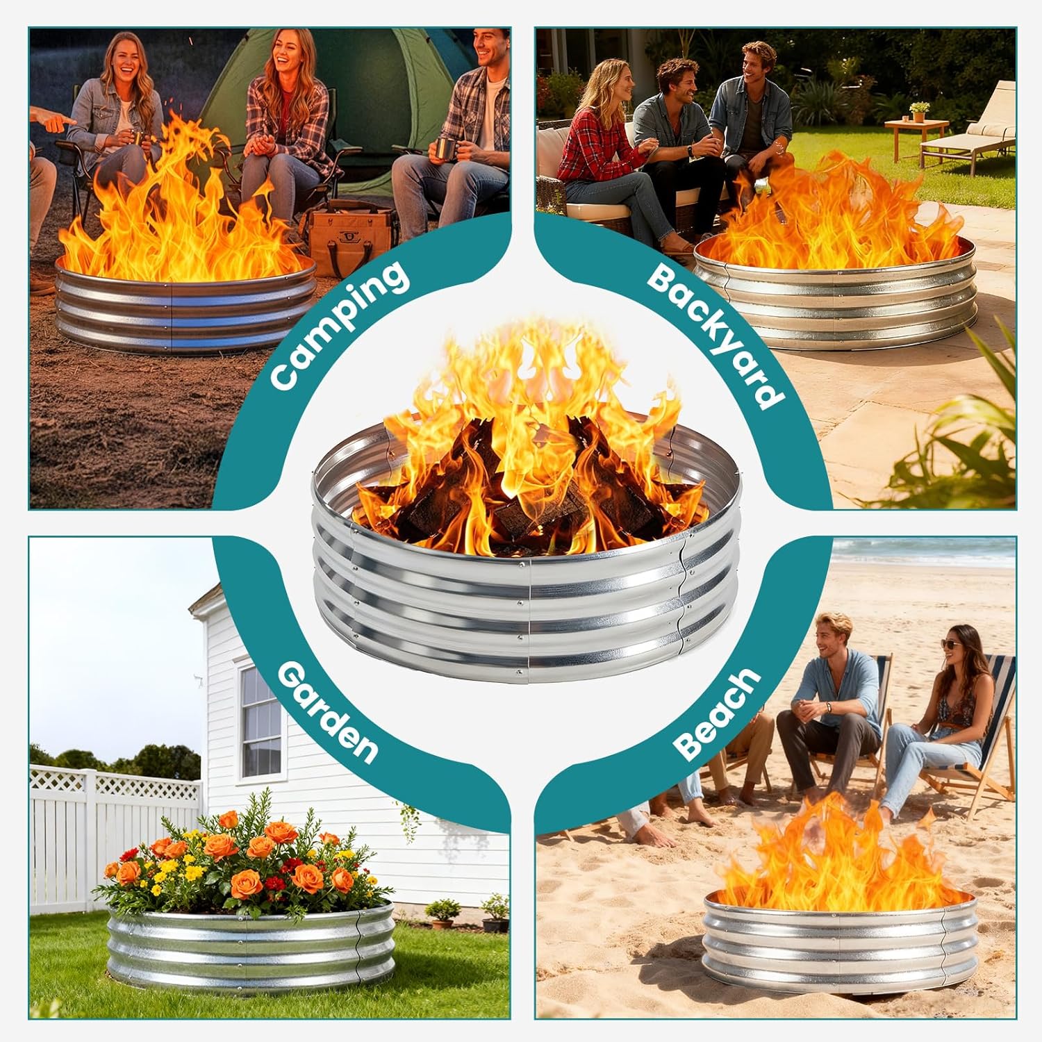 OLIXIS 4FT Round Fire Ring Pit, Outdoor Camp Firepit, Heavy Duty Galvanized Steel 48 Inch Foldable Outside Wood Burning Bonfire Fire Pit Ring for Camping, Backyard, Garden, Beach, Yard Gatherings