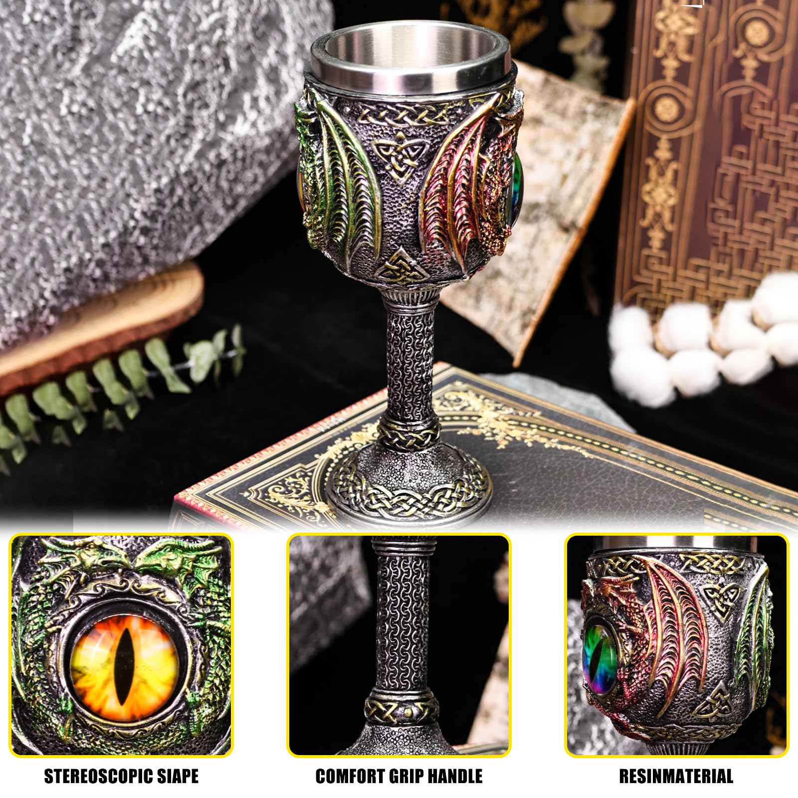 ZONSUSE Calice Drago, Calices Occhio Dragos, Bicchiere da Vino Medievale, Goblet in Acciaio Inox, Tazza Halloween 180ml (Occhi)