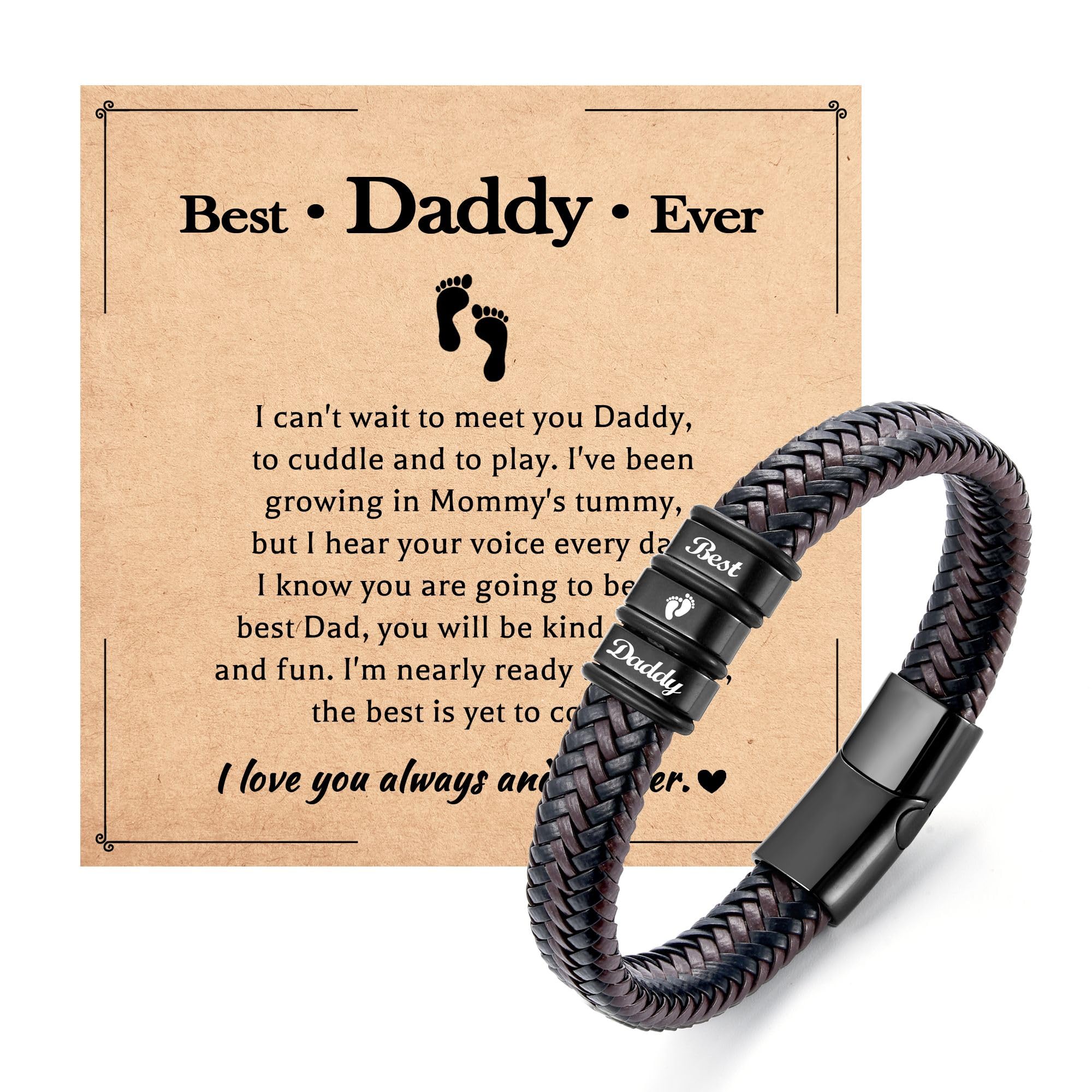 JEIKTO Leather Bracelet for Men, Gifts for Dad New Daddy to Be on Fathers Day Birthday Christmas Valentines Thanksgiving Day