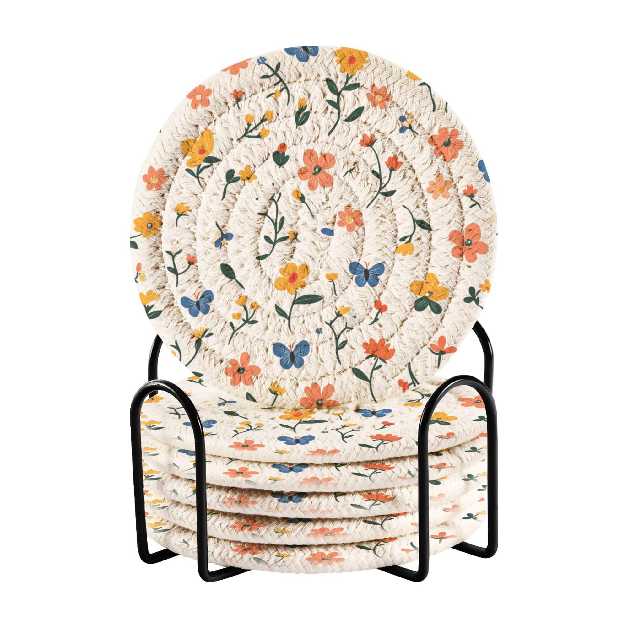 Flowers Lily Butterflies White Cotton Rope Coasters Absorbant and Holder Set of 6 Table Coasters