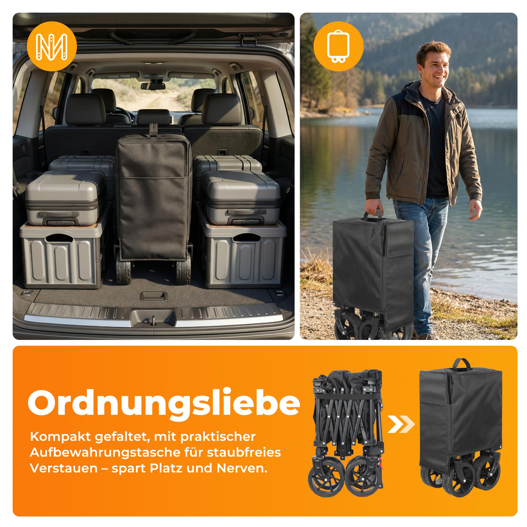 Bollerwagen Faltbar 200L 200KG Belastbar, Strandwagen Klappbar mit Regenschutz, Reflektorstreifen, Bremsen; Breite Reifen All Terrain Faltbarer Strandwagen Für Camping, Strand, Outdoor