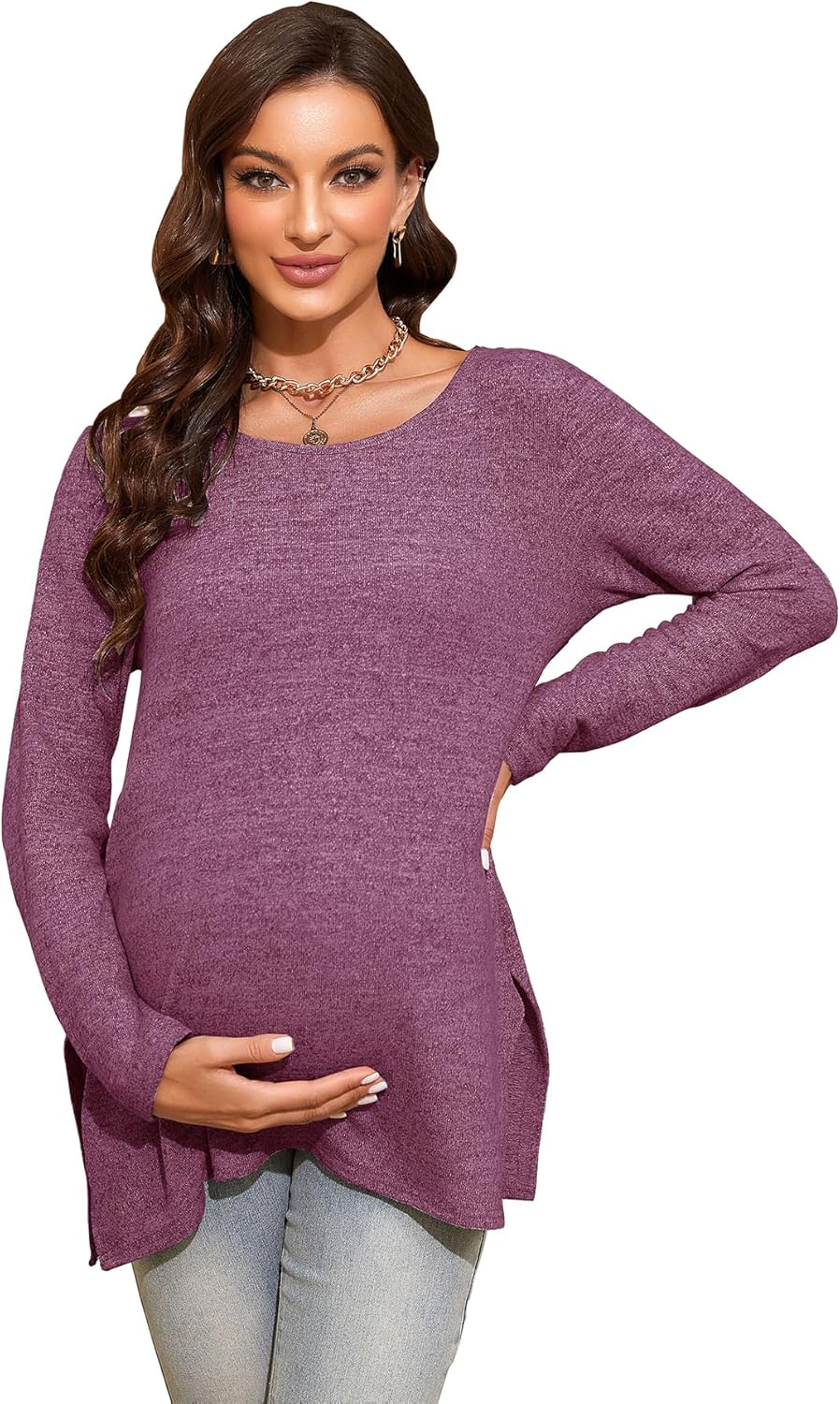 Smallshow Women's Maternity Shirts Side Split Long Sleeve Pregnancy Tops Clothes - Image 4