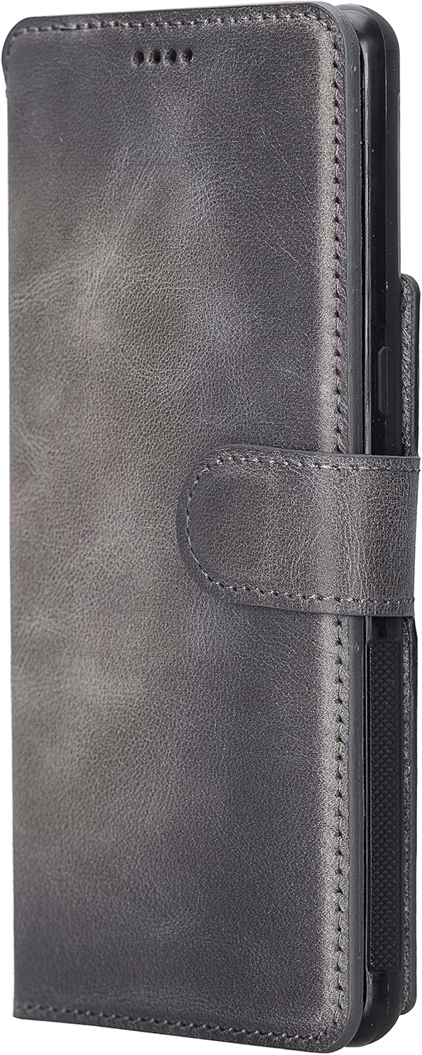 Bayelon Leather Case for Google Pixel 7 Pro, Detachable Wallet Case, Magnetic Flip Cover with Card Slots, Horizontal Viewing Kickstand, Full Grain Leather (Smoked Black)
