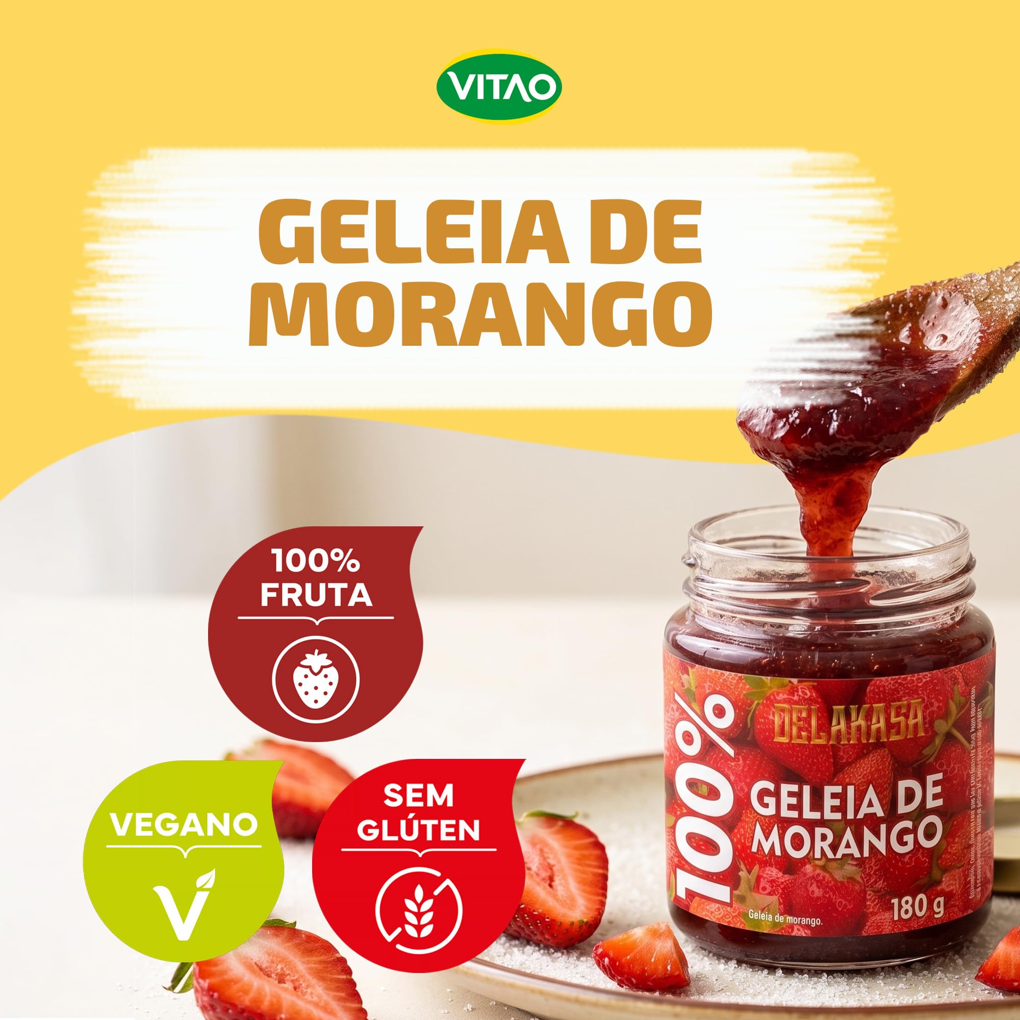 Delakasa Geleia de Morango 180g – Sem Adição de Açúcar, Sem Glúten