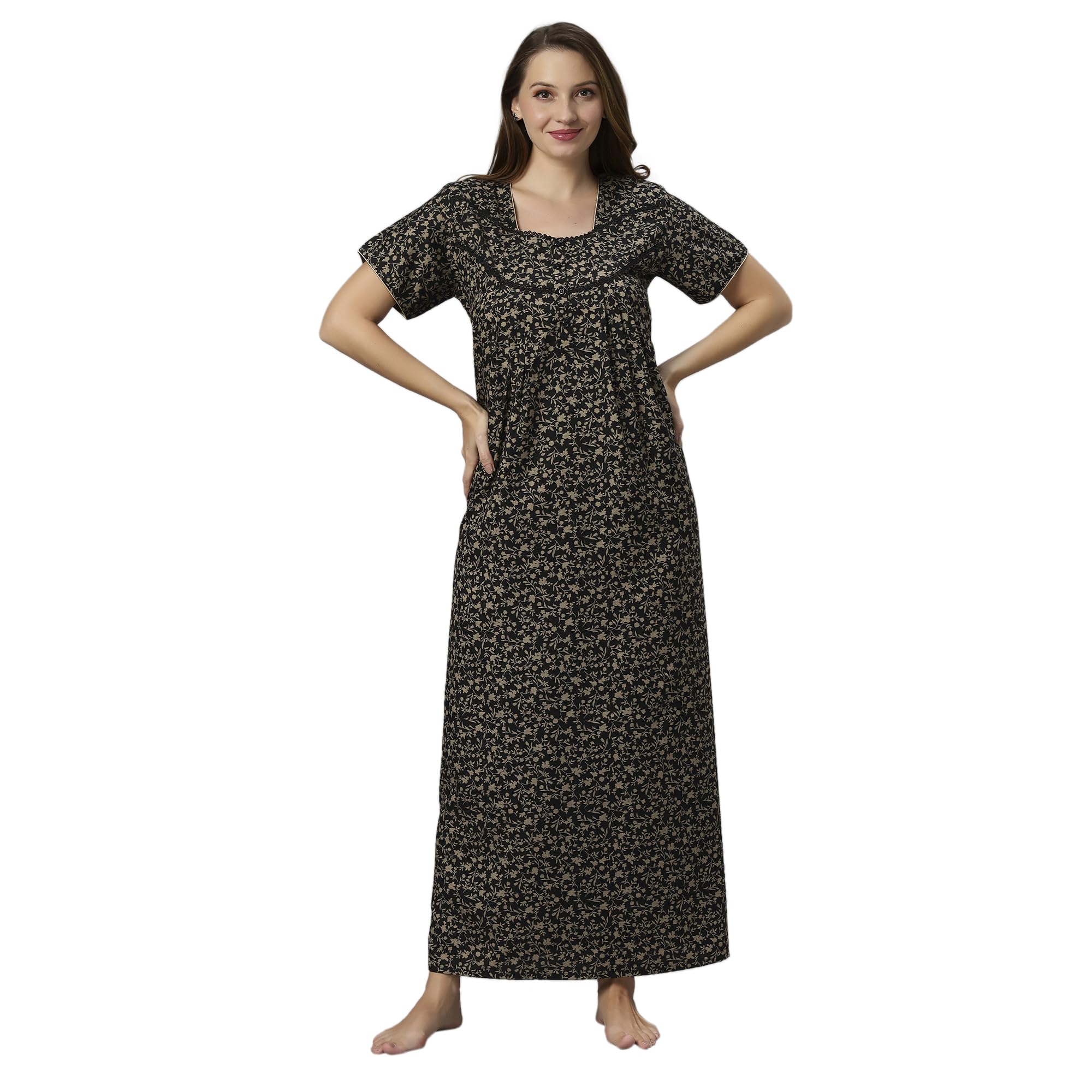 Women's Floral Print Lounge Wear Gown - Polly Cotton, Regular Fit, Ideal for Women's, Lounge Wear, Flower Print, Half Sleeves, Round Neck-image-44