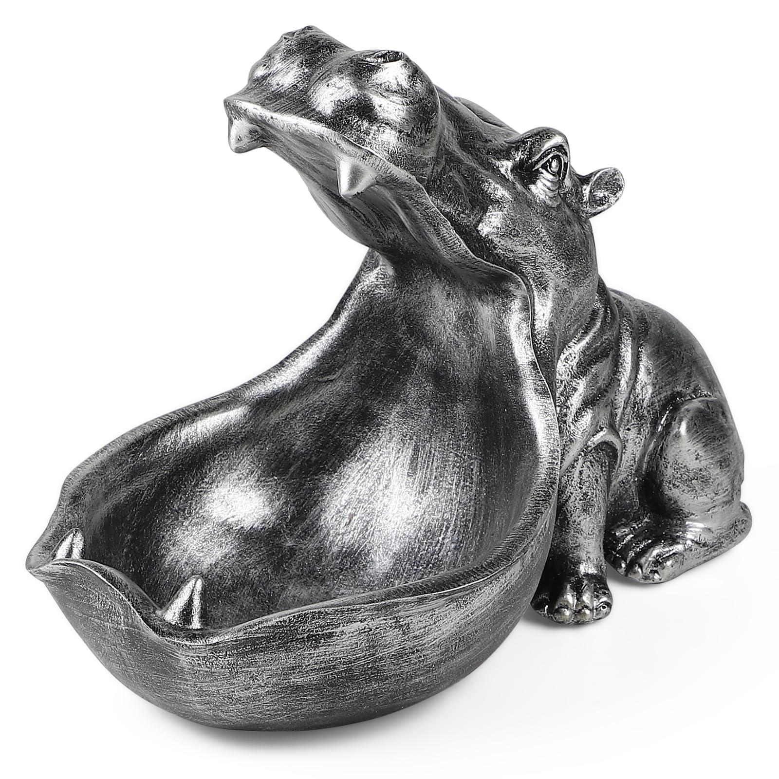 efuturetime Estatua de Hipopótamo de Resina, Figura de Resina para Bandeja de Llaves, Decoración Moderno, Escultura de Hipopótamo de Boca Grande para Pasillo, Salón, Oficina, Regalos, Plata-Grande