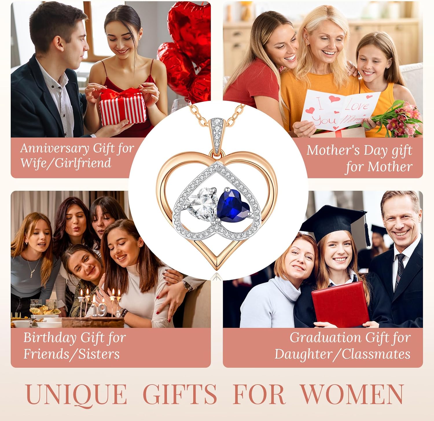 CDE Valentines Gifts for Women Rose Gold Double Birthstone Necklace for Women, Personalized Pendant Jewelry Mothers Day Birthday Gift for Mom Wife - Image 6