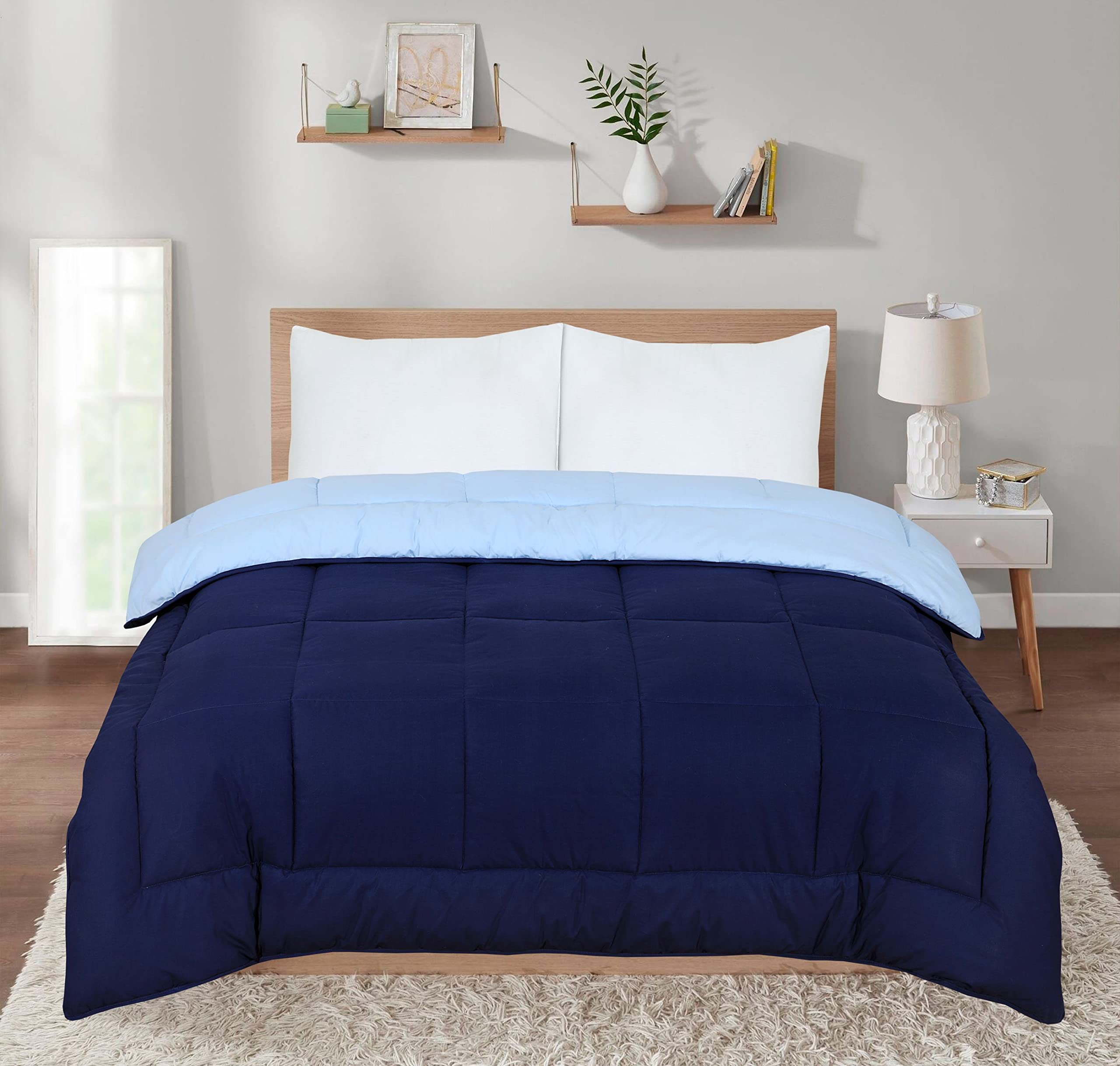SleepyNights 13.5 tog Box Stitching Reversible Coverless Polycotton Duvet – Navy and Sky Blue – Double