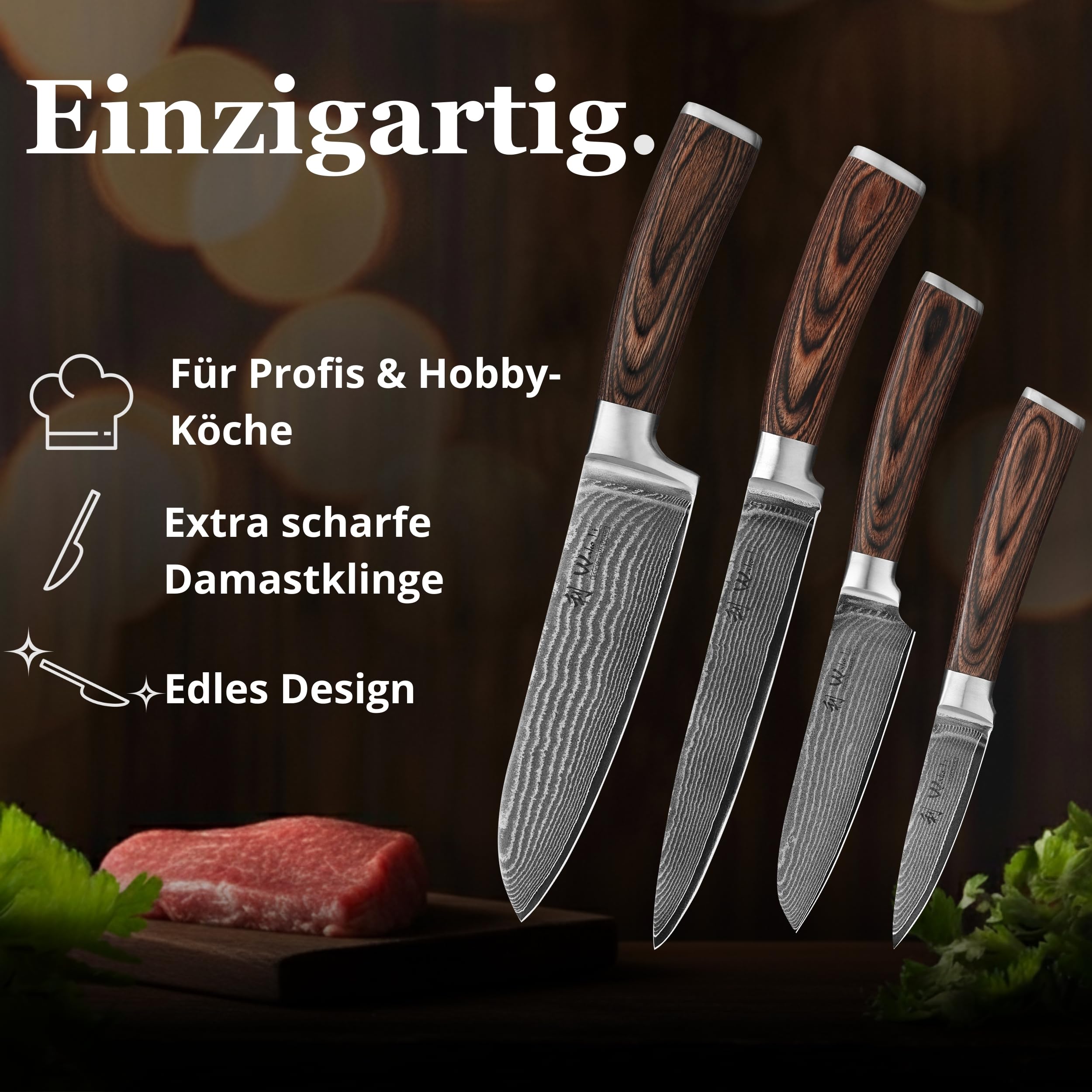 Wakoli EDIB 4-teiliges Küchenmesser Set aus Damaststahl (VG10 Kern) in edler Geschenkbox – Scharfes Damastmesser Set mit Pakkaholzgriffen – Messerset mit 2x Santoku, Fleischmesser & Officemesser