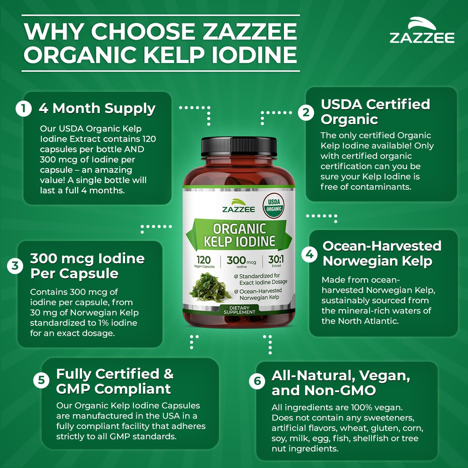 Zazzee USDA Organic Kelp Iodine 30:1 Extract, 300 mcg per Capsule, Vegan — Amazon image 7