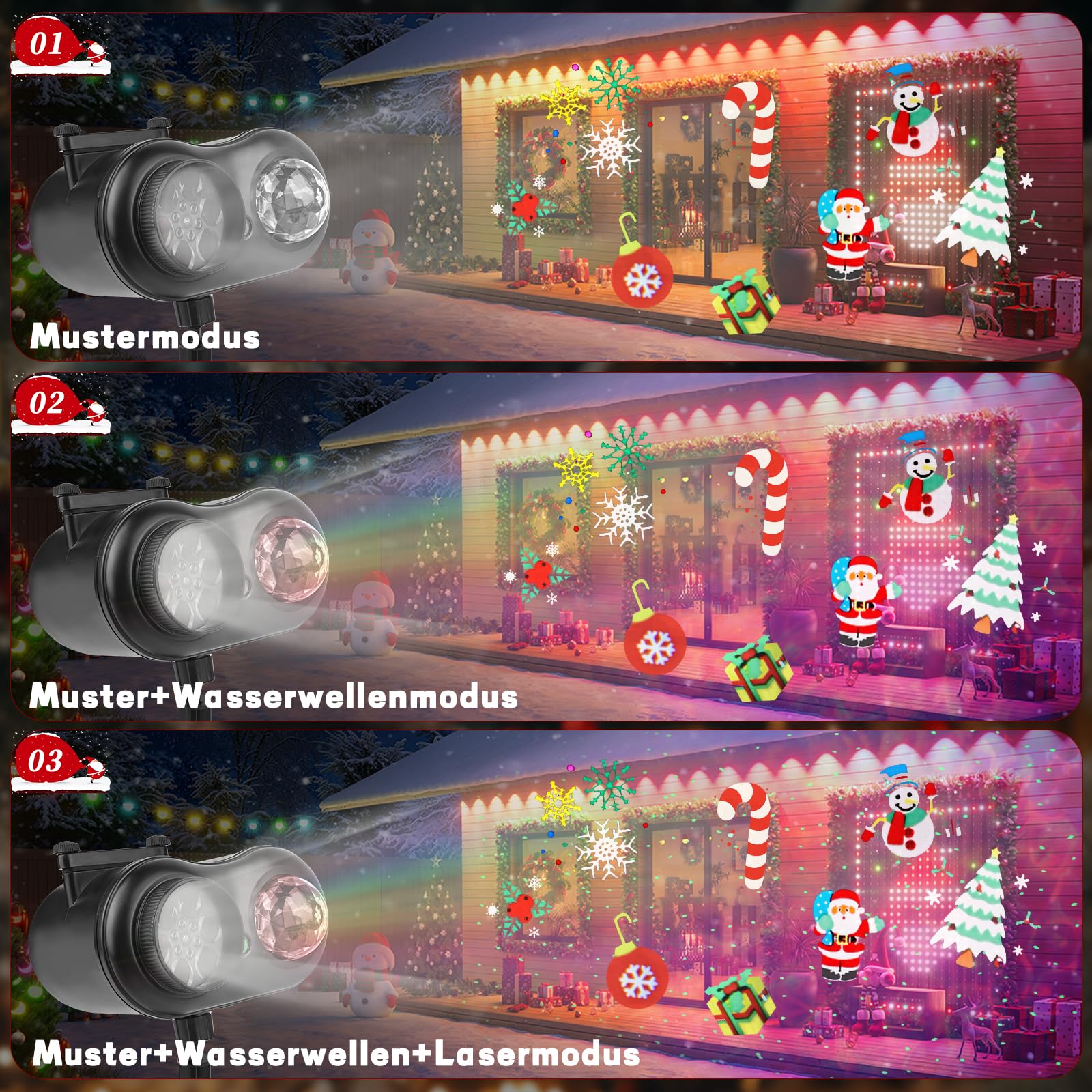 Projektor Weihnachten Aussen, GuKKK 2-in-1 LED Projektionslampe mit 10 Schaltbare Muster 10 Welleneffekt, Wasserdichte Christmas Lights mit Fernbedienung für Weihnachtsbeleuchtung Außen Innen