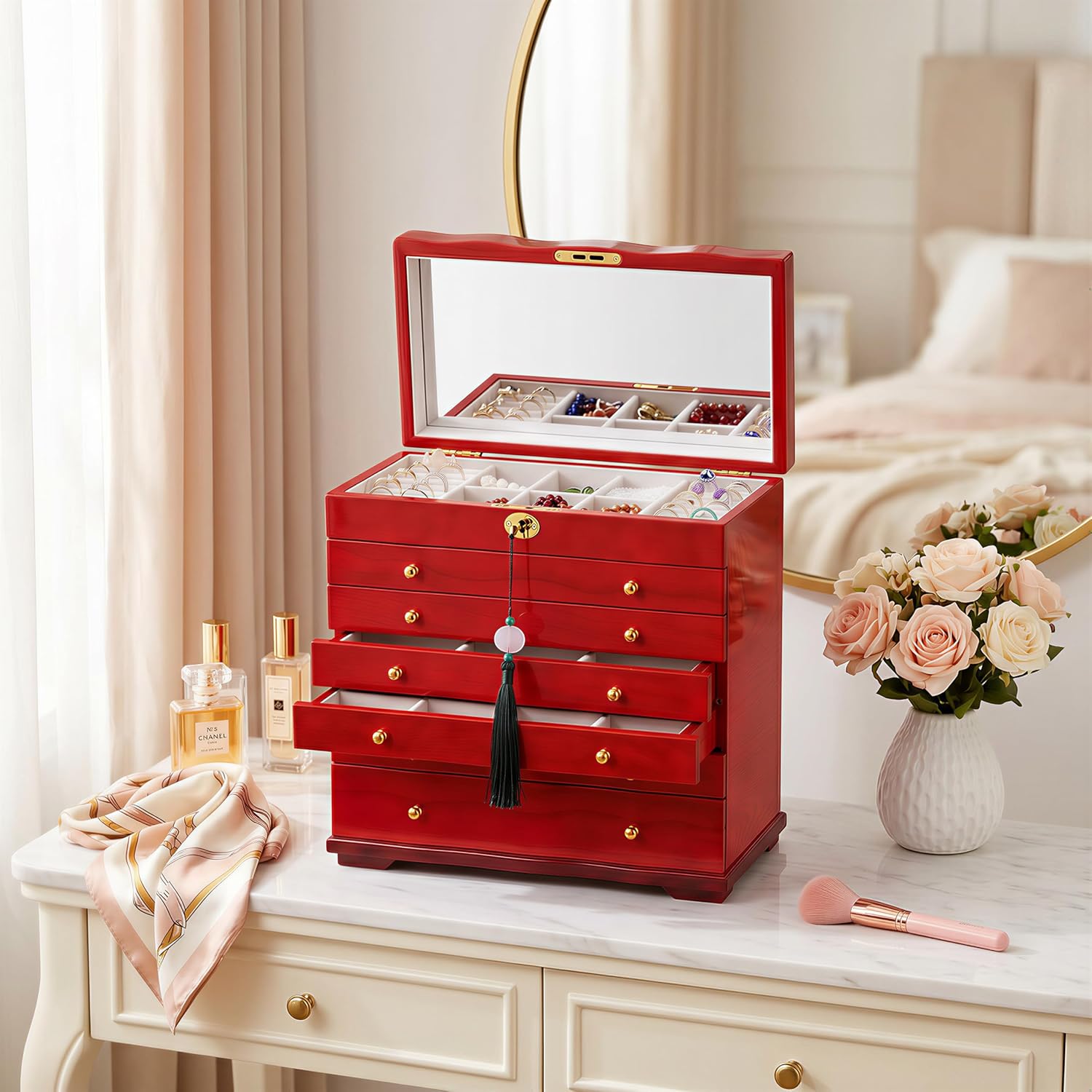 Large Solid Wood Jewelry Box for Women, 8-Tier Lockable Chest with Mirror image 2