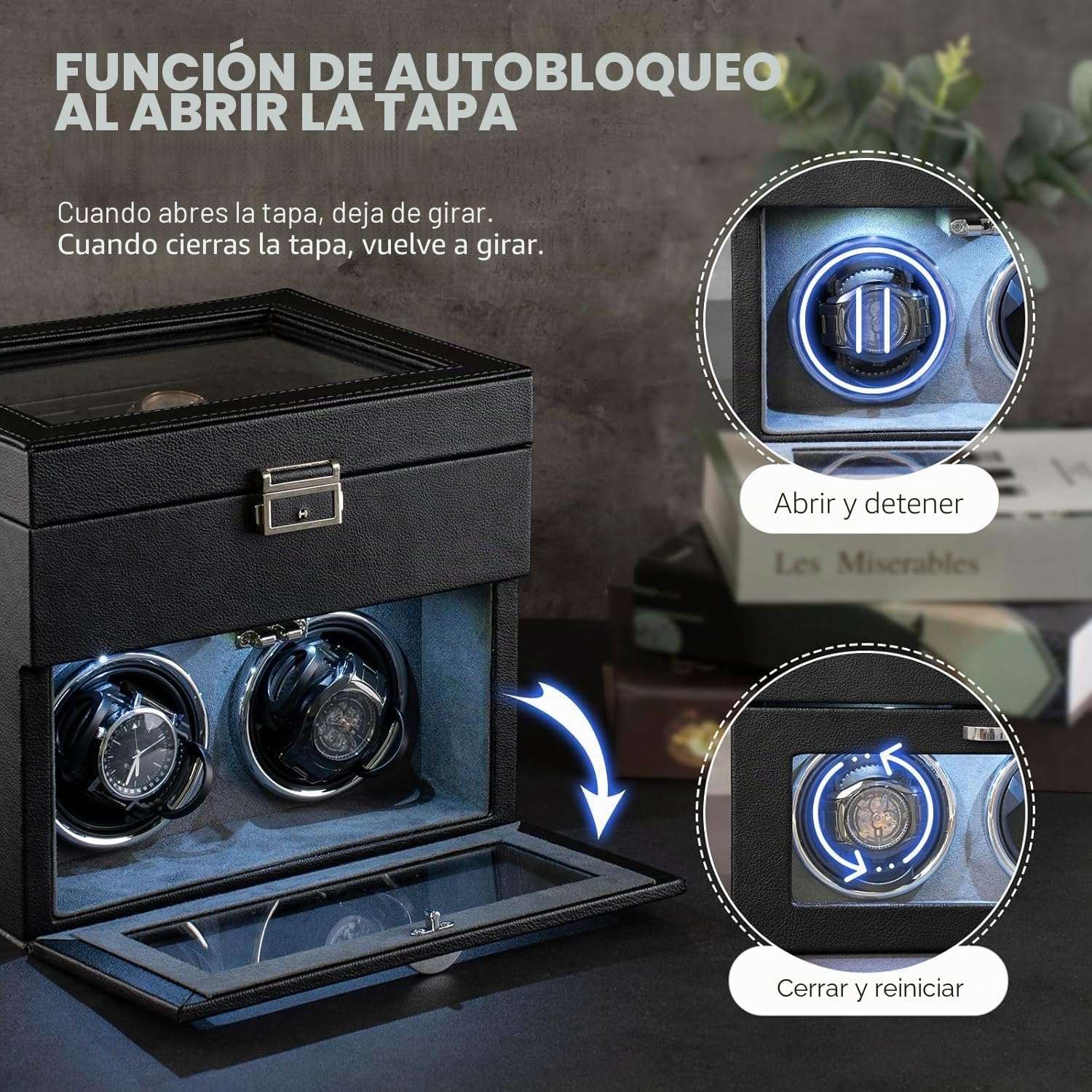 HEYOUTH Caja Relojes Automáticos con LED, 2+8 Compartimentos para Relojes y Joyas, Motor Silencioso, Giratoria Automática