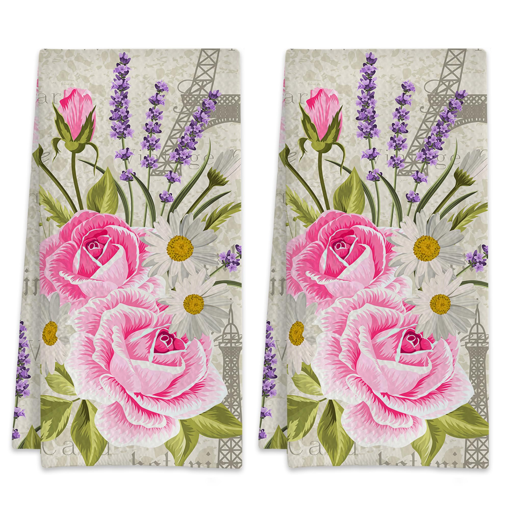 NITAHHHY Eiffel Towers and Floral Retro Hand Bath Towels,Waffle Weave Absorbent Kitchen Dish Towels Pack of 2,Decorative Bathroom Towel for Bath Gym