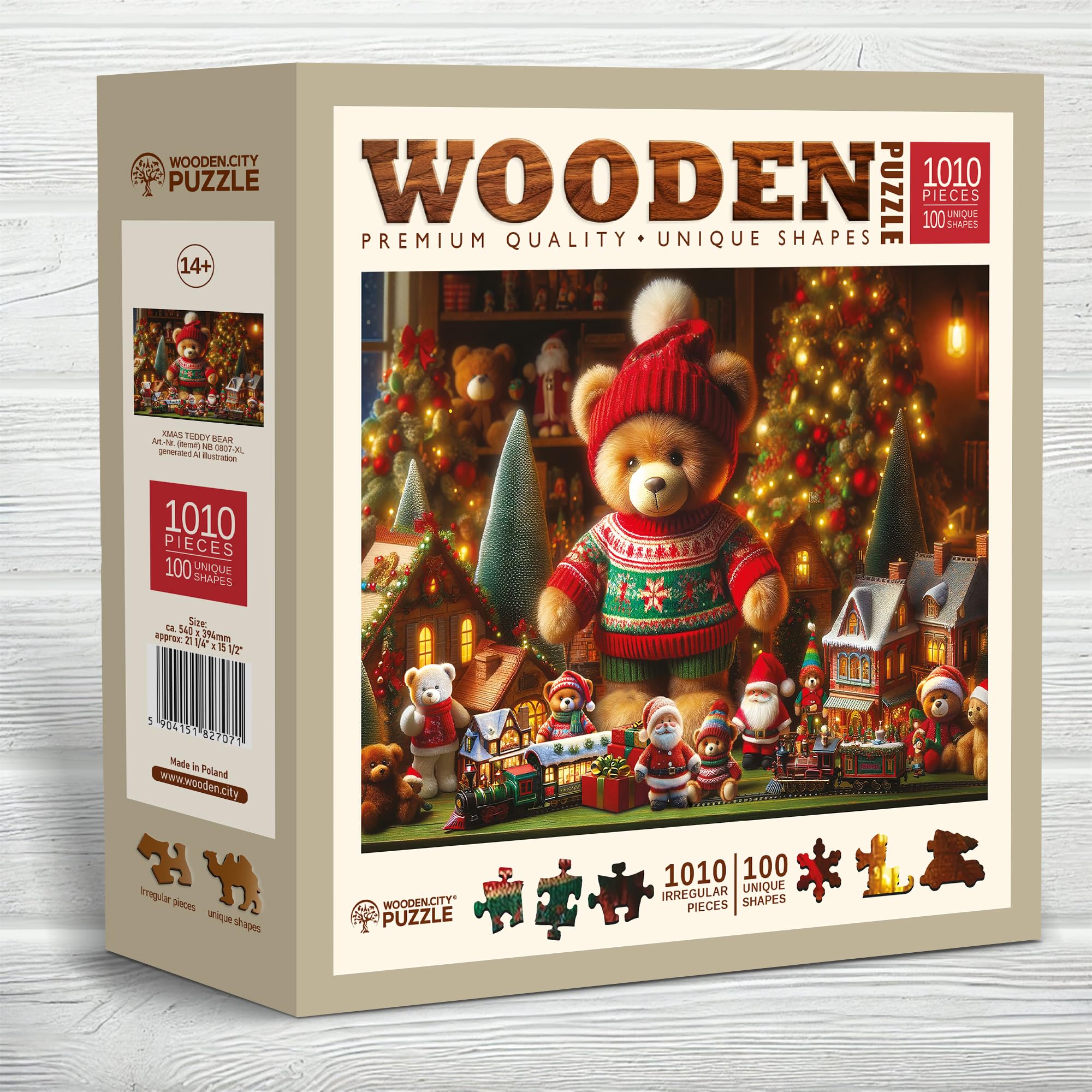 WOODEN.CITY Drewniane puzzle bożonarodzeniowe, 1000 elementów, świąteczny miś, ze 100 unikalnymi figurkami o tematyce świątecznej, wyprodukowano w UE, idealne do rodzinnej zabawy i świątecznego