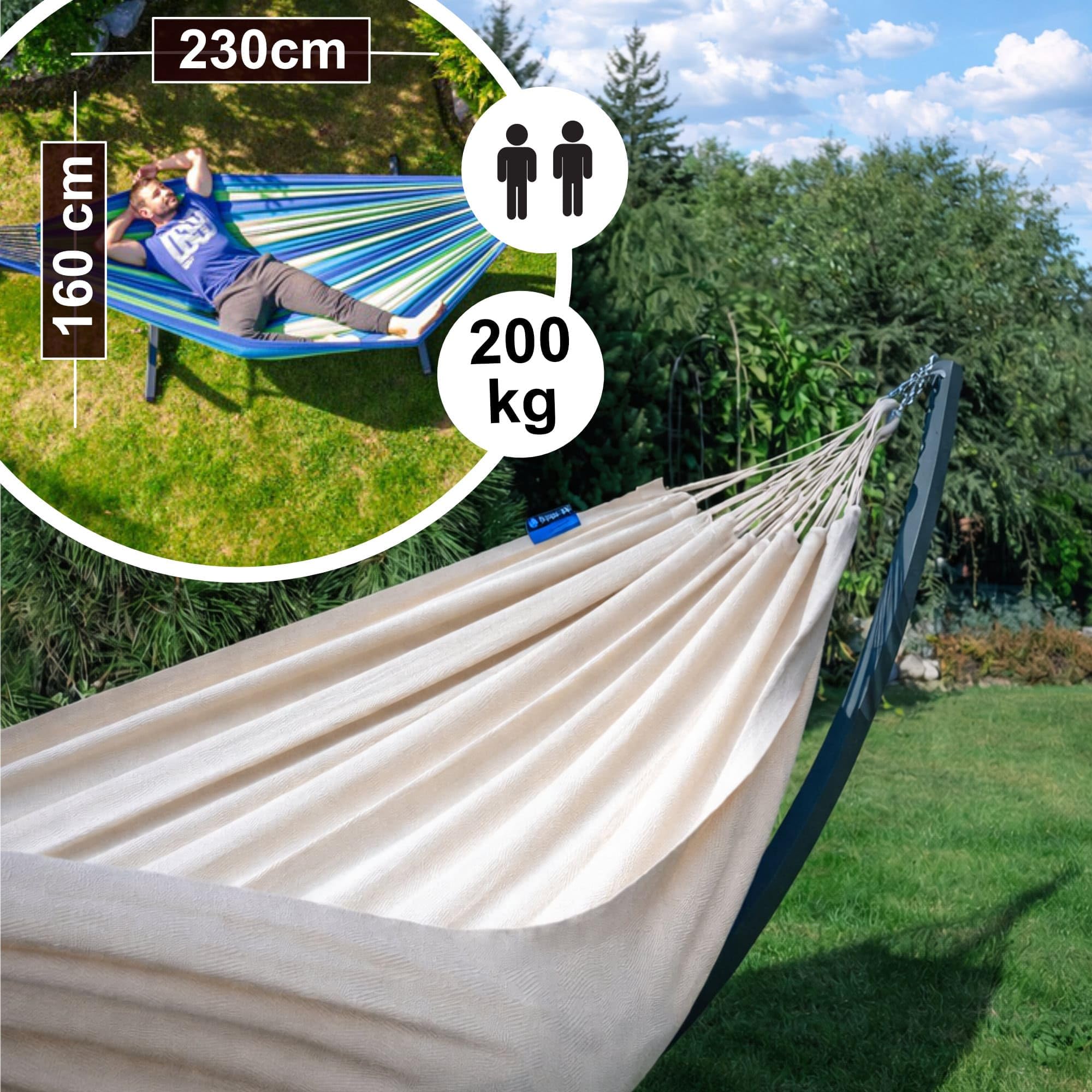 Potenza Amaca da Giardino con Supporto in Acciaio ZINCATO A CALDO – Amaca Doppia 230x160 cm, 200 kg in 100% Cotone con Struttura lunga 365 cm, Portata 220 kg, con Telaio Resistente alle Intemperie