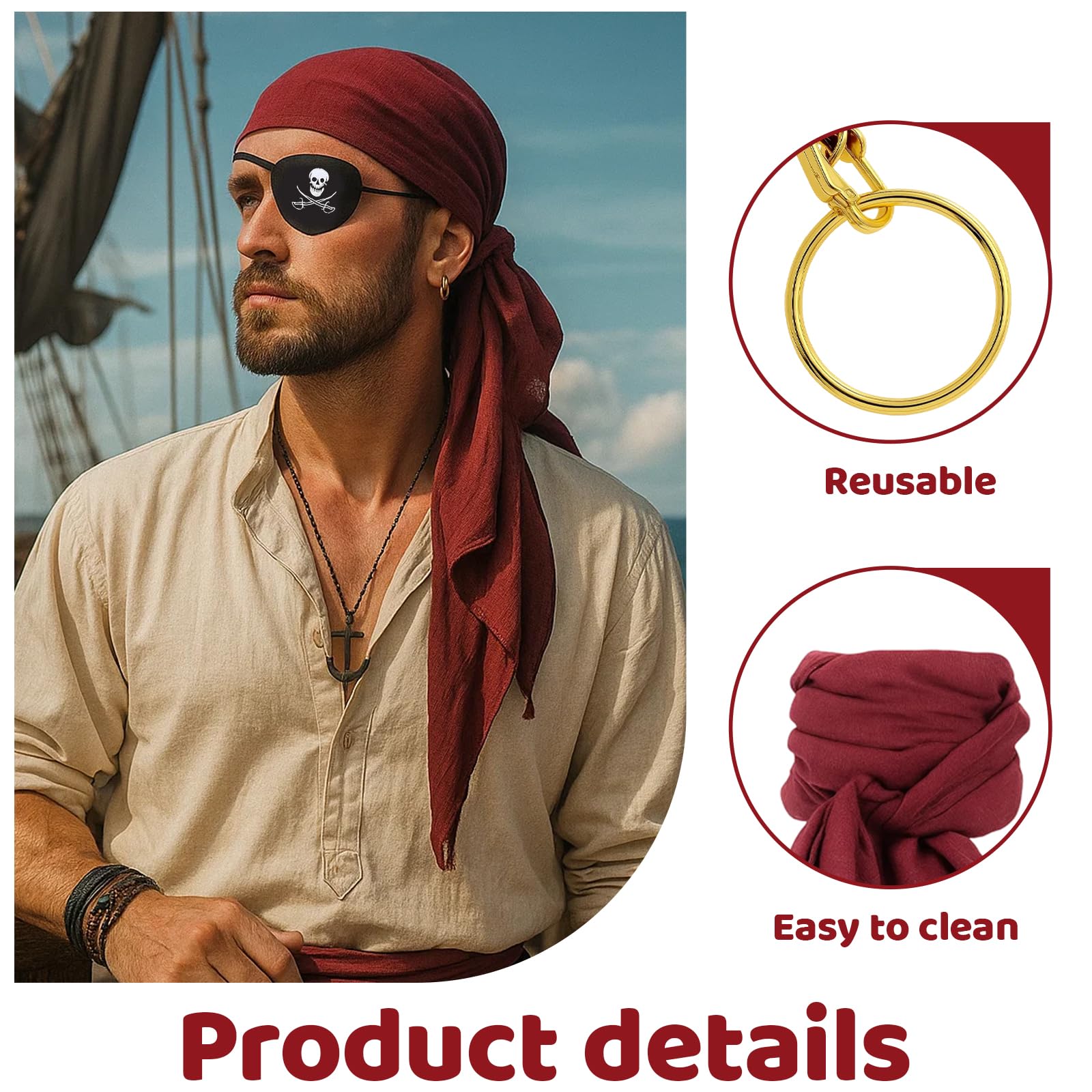 SrgPui Pirate Costume Women, 6-Pcs Pirate Accessories Set for Women Headscarf, Belt, Wristband, Eye Patch, Necklace and Ring - Image 3