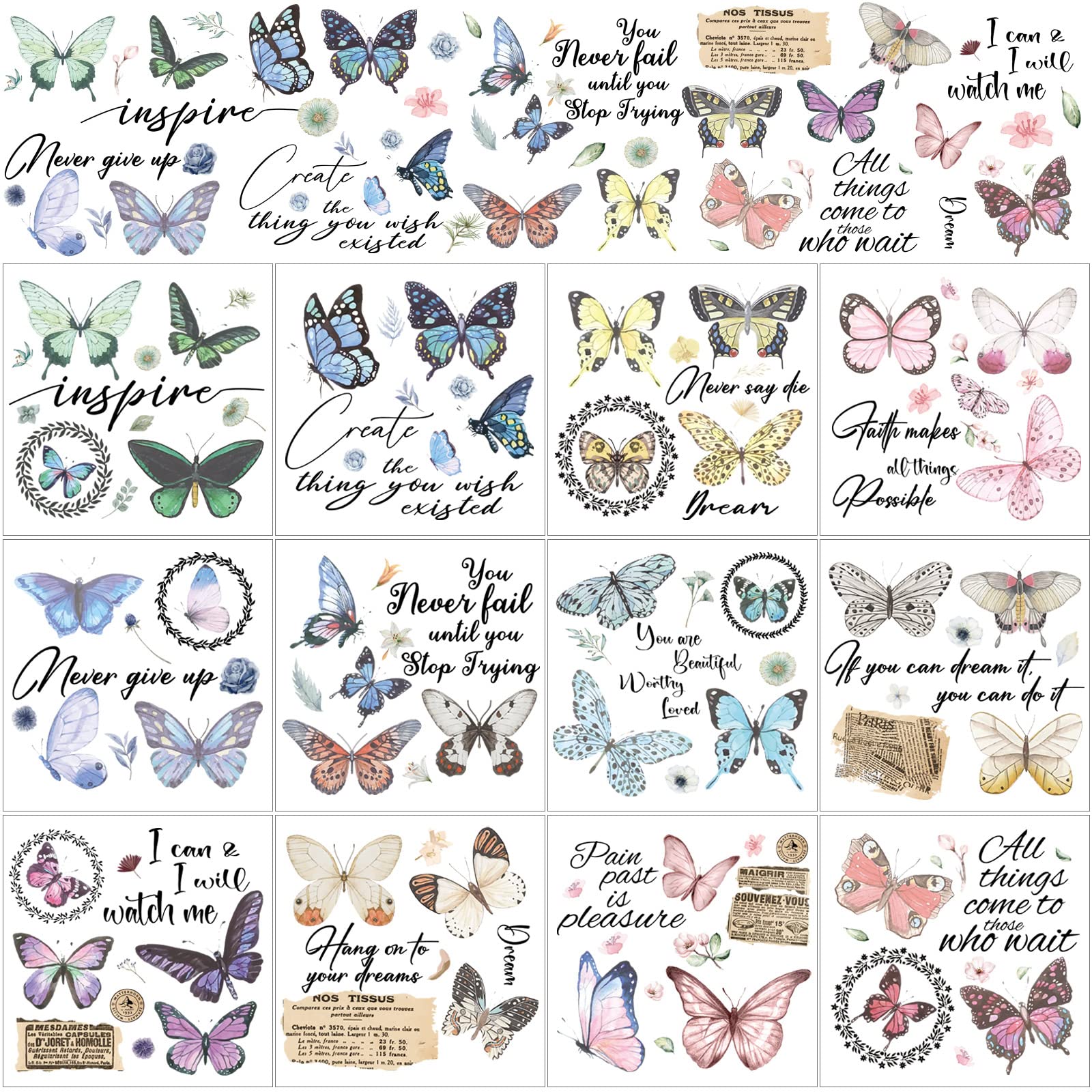 BBTO 12 Sheets Rub on Transfers for Crafts and Furniture Rub on Transfer Stickers Decals for Wood DIY Paper Home Decor, 5.5 x 5.7 Inch(Butterfly)