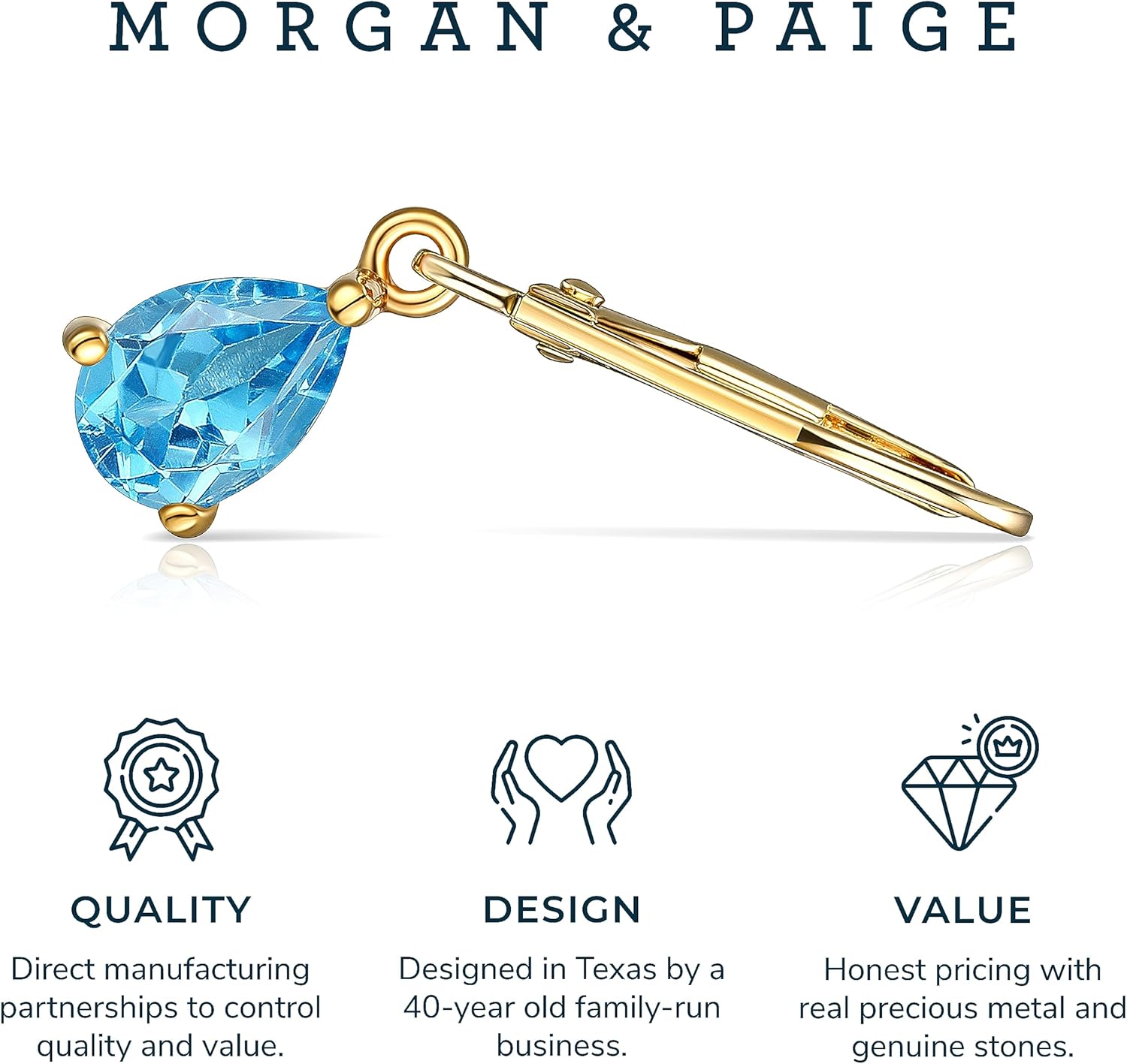 MORGAN & PAIGE .925 Sterling Silver 18K Gold Plated Swiss Blue Topaz Pear Cut 7x5mm Leverback Earrings for Women - Dainty Birthstone 1" Dangle Earrings Jewelry, Gemstone Birthday Gifts for Her
