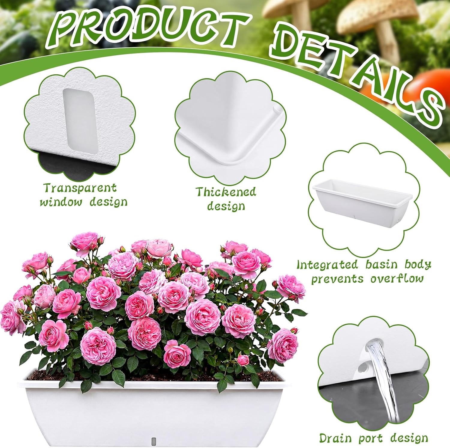 8 Pack 24 Inches Plastic Flower Window Box Planters with Water Absorbing Net Drainage Holes & Visible Water Level Window, Rectangular Vegetable Flower Pots for Indoor Outdoor Garden(White)