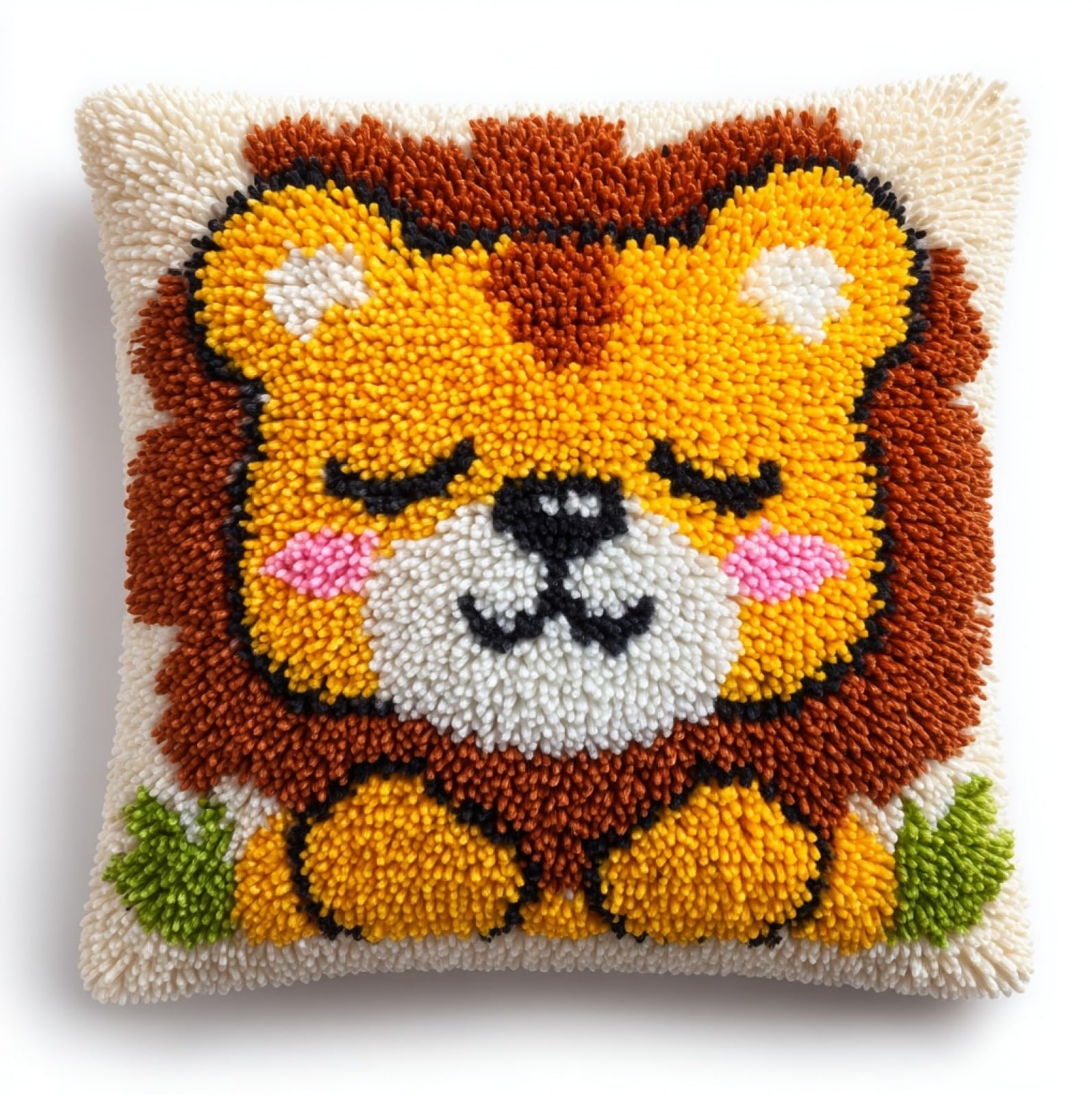 AxiangziK Latch Hook Pillow Making Kit 43x43cm,A Sleeping Lion cub Complete Set with Hook Tool & Instructions - Sofa Cushion Cover DIY Craft for Adults