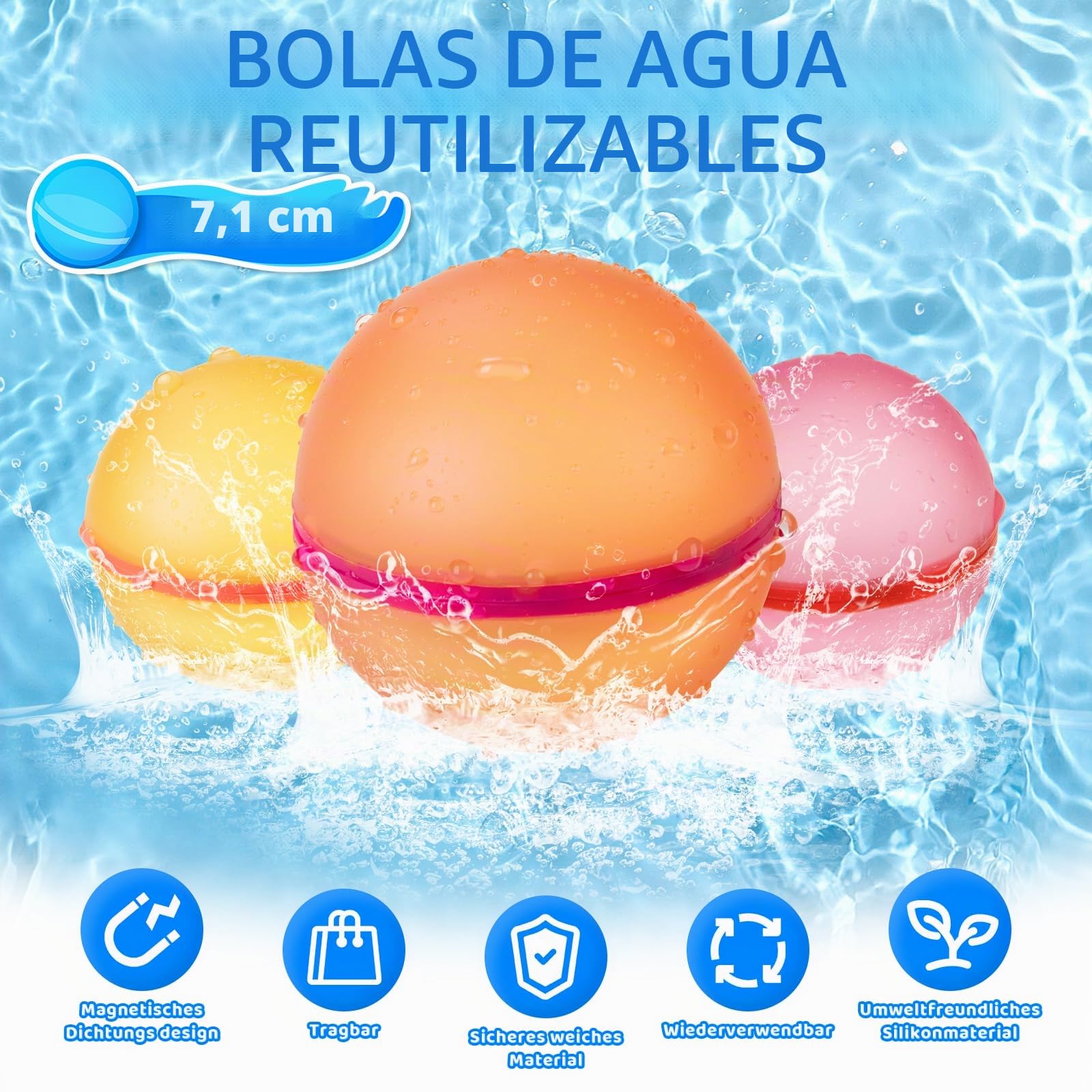 6 Piezas Globos de Agua Reutilizables, Globos Agua in Silicona Llenado Rapido, con Bolsa de Malla, Juego de Bombas de Agua, Adecuado Para Niños y Adultos, Playa, Fiesta en la Piscina