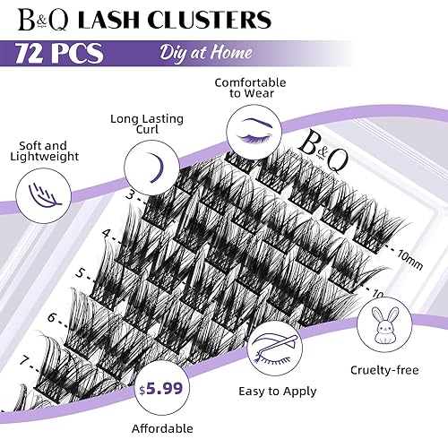 Miniatura 2 de B&Qaugen Lash Clusters 72 PCS Individual Lashes 10-16mm B&Q Eyelash C D Curl Mixed Cluster Extensions Natural Wispy Beginner Reusable Extension