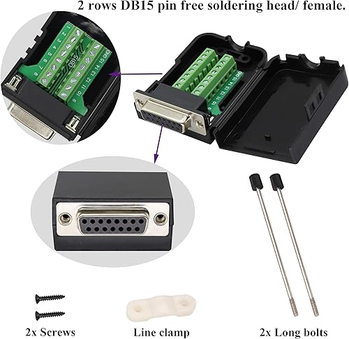 Miniatura 4 de AAOTOKK DB15 Adaptador de bloque de terminales de tornillo D-SUB 15 pines 2 filas DB15 macho a 16 pinesforma hembra Terminal serie Terminal Breakout