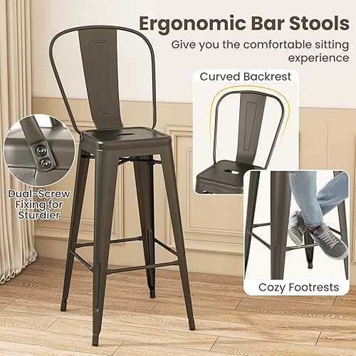 Miniatura 7 de COSTWAY Juego de 4 taburetes de bar de metal, con respaldo extraíble, taburetes de barra de 30 pulgadas de altura con patas de goma, sillas