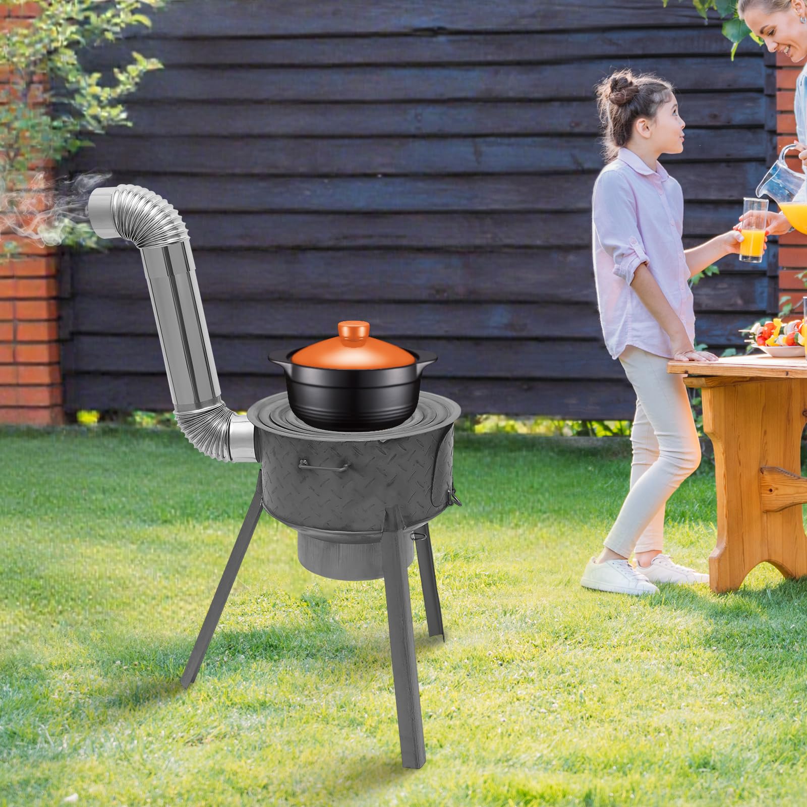 Estufa de leña portátil con 3/4 anillos de cocción y caja de cenizas. Patas desmontables. Estufa de chapa de acero resistente con ventilación y chimenea. Estufa de leña para camping, picnic y cocina