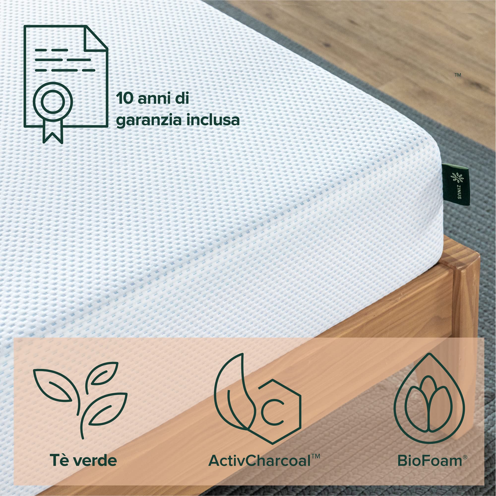 ZINUS Materac o wymiarach 140 x 190 cm - 20 cm wysokości - Materac z pianki memory z ultra chłodzącym żelem z zielonej herbaty, certyfikat OEKO-TEX