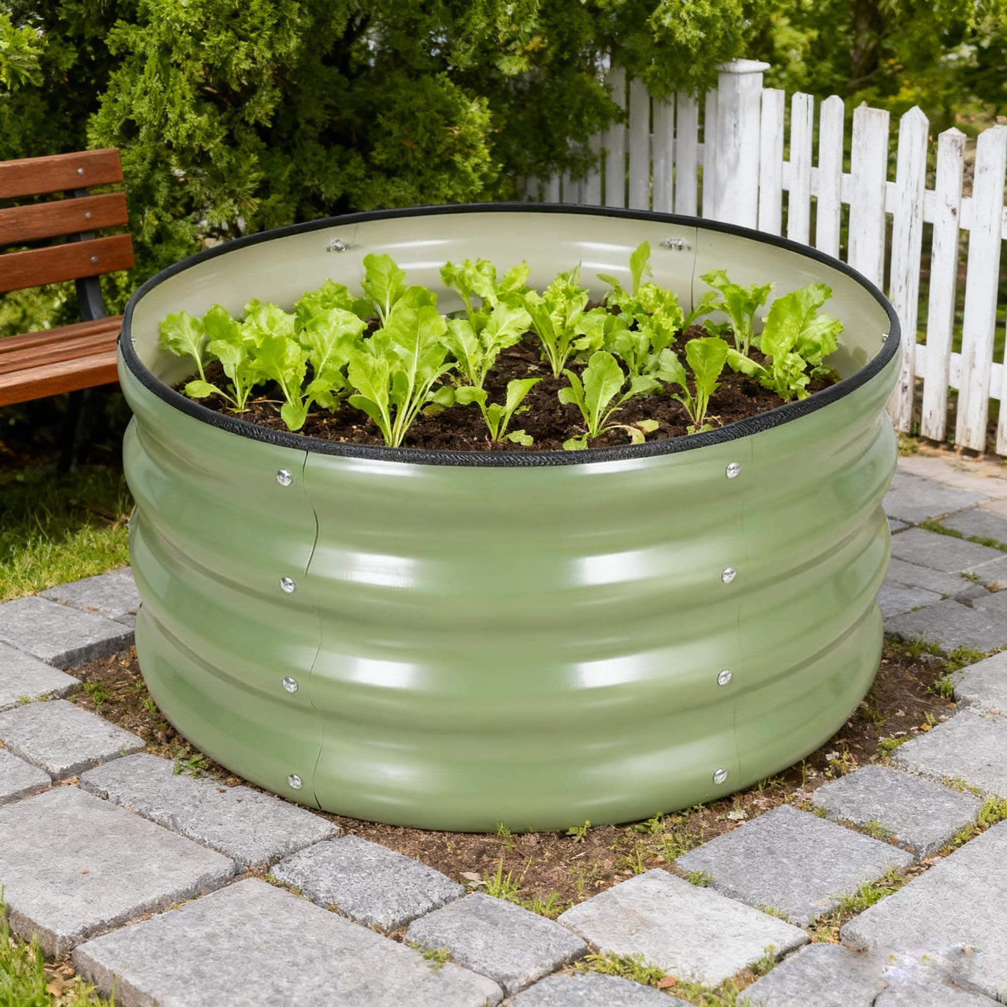 Aptliton Green 4Ft Round Raised Garden Bed Kit With Safety Rubber Edge, Galvanized Steel Metal Planter Box For Vegetables Flowers Herbs, Outdoor Elevated Garden Planter For Patio Backyard,