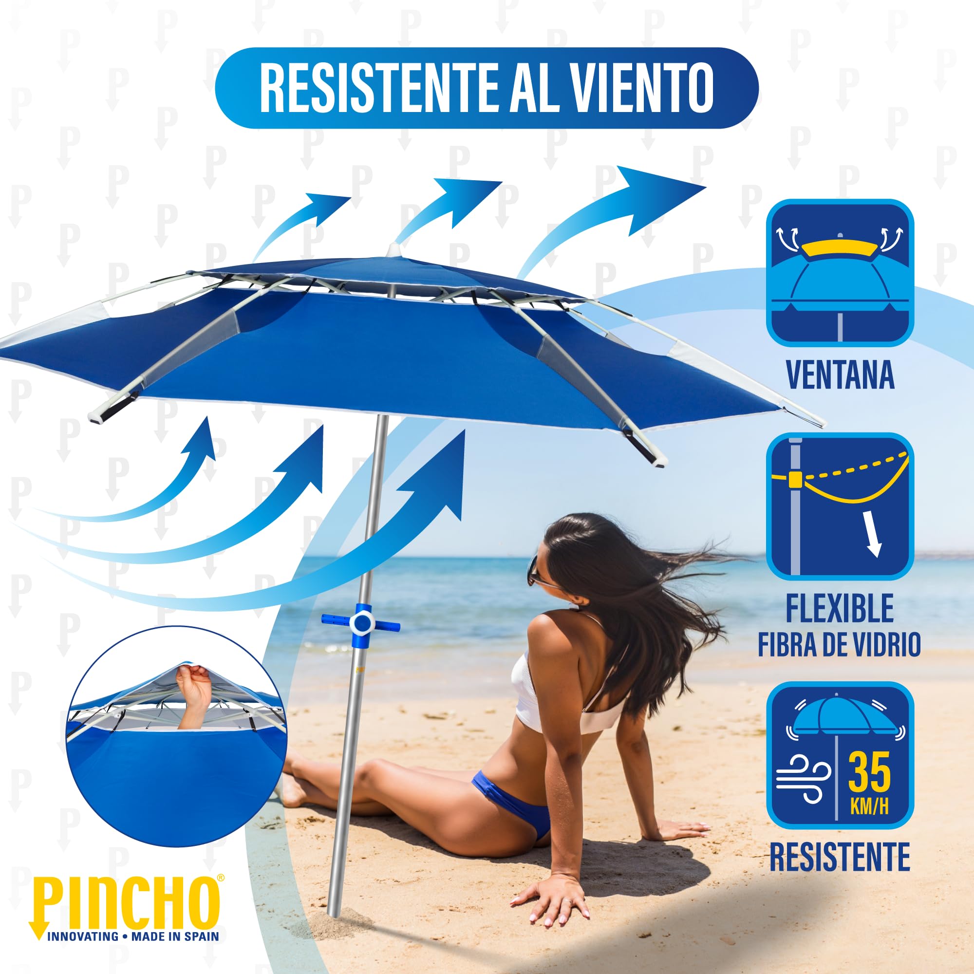 Ombrellone da spiaggia e giardino, diametro 200 cm, antivento, asta in alluminio, altezza regolabile, parasole per terrazza, giardino, campeggio, piscina, inclinabile, pieghevole, girevole a 360°