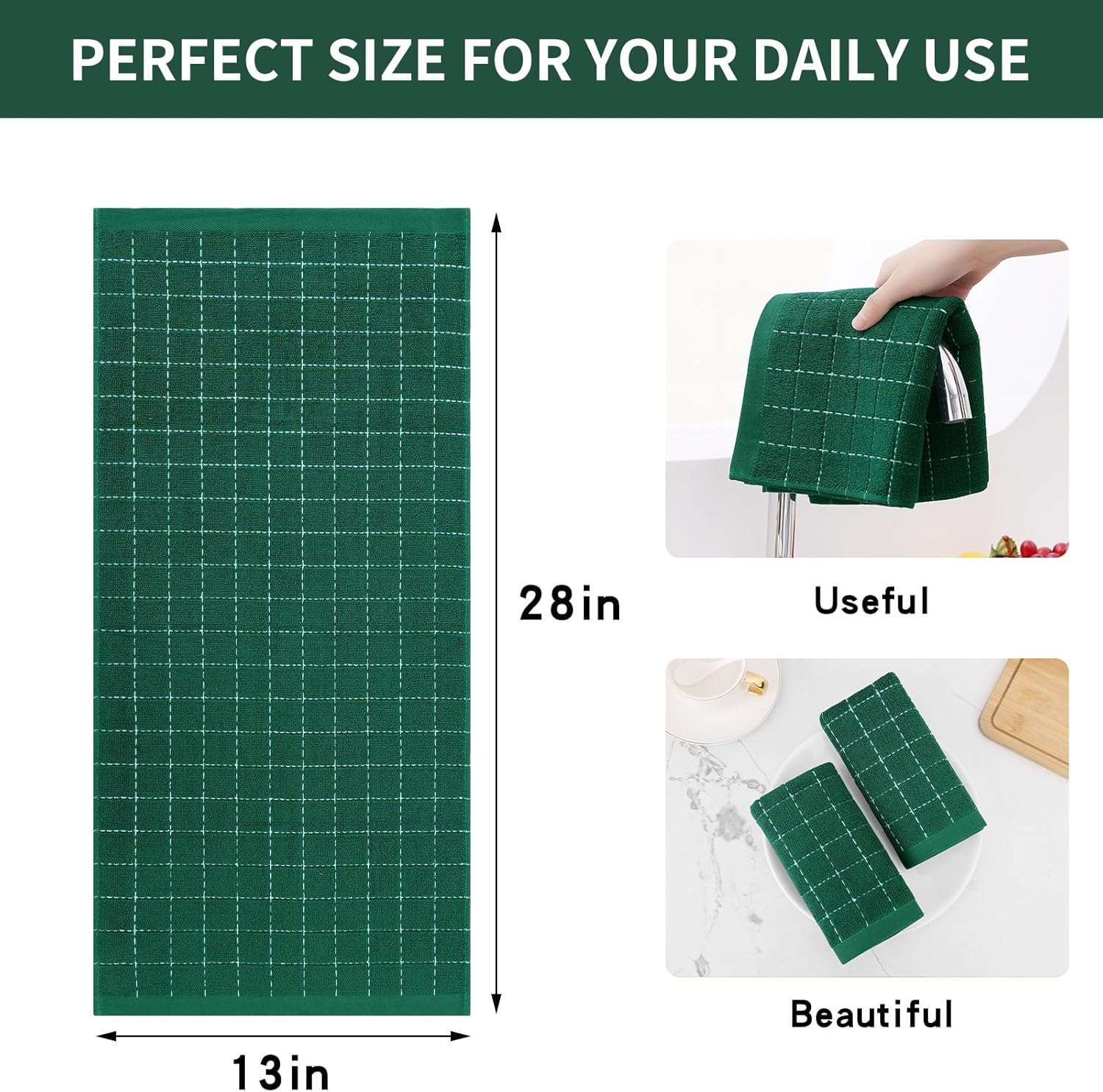 Homaxy 100% Cotton Terry Kitchen Towels(Dark Green, 13 x 28 inches), Checkered Designed, Soft and Super Absorbent Dish Towels, 5 Pack