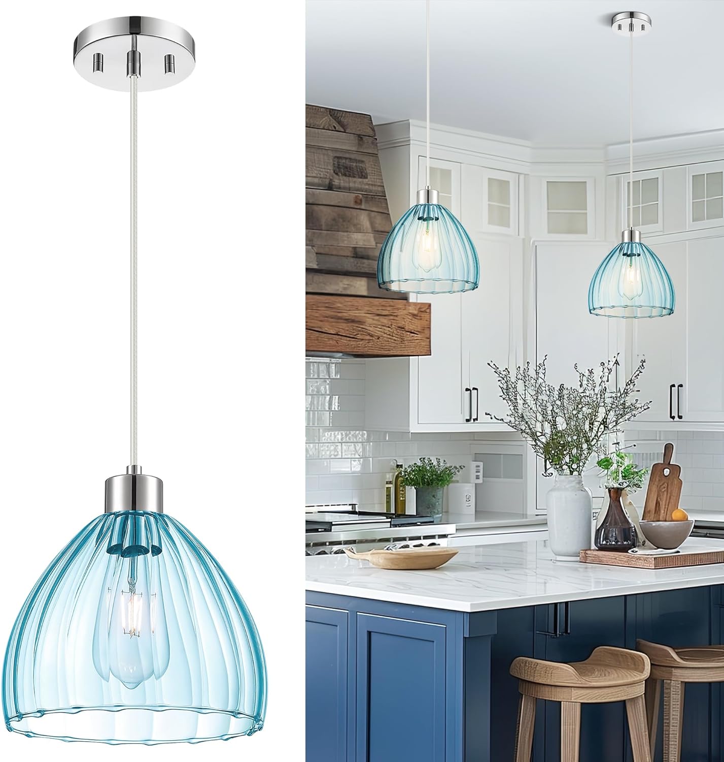 Emliviar 1-Light Blue Pendant Light Fixture for Bedroom, Modern Pendant Light for Kitchen, Unique Glass Cover with Chrome Finish, HE289G2-MIL CH
