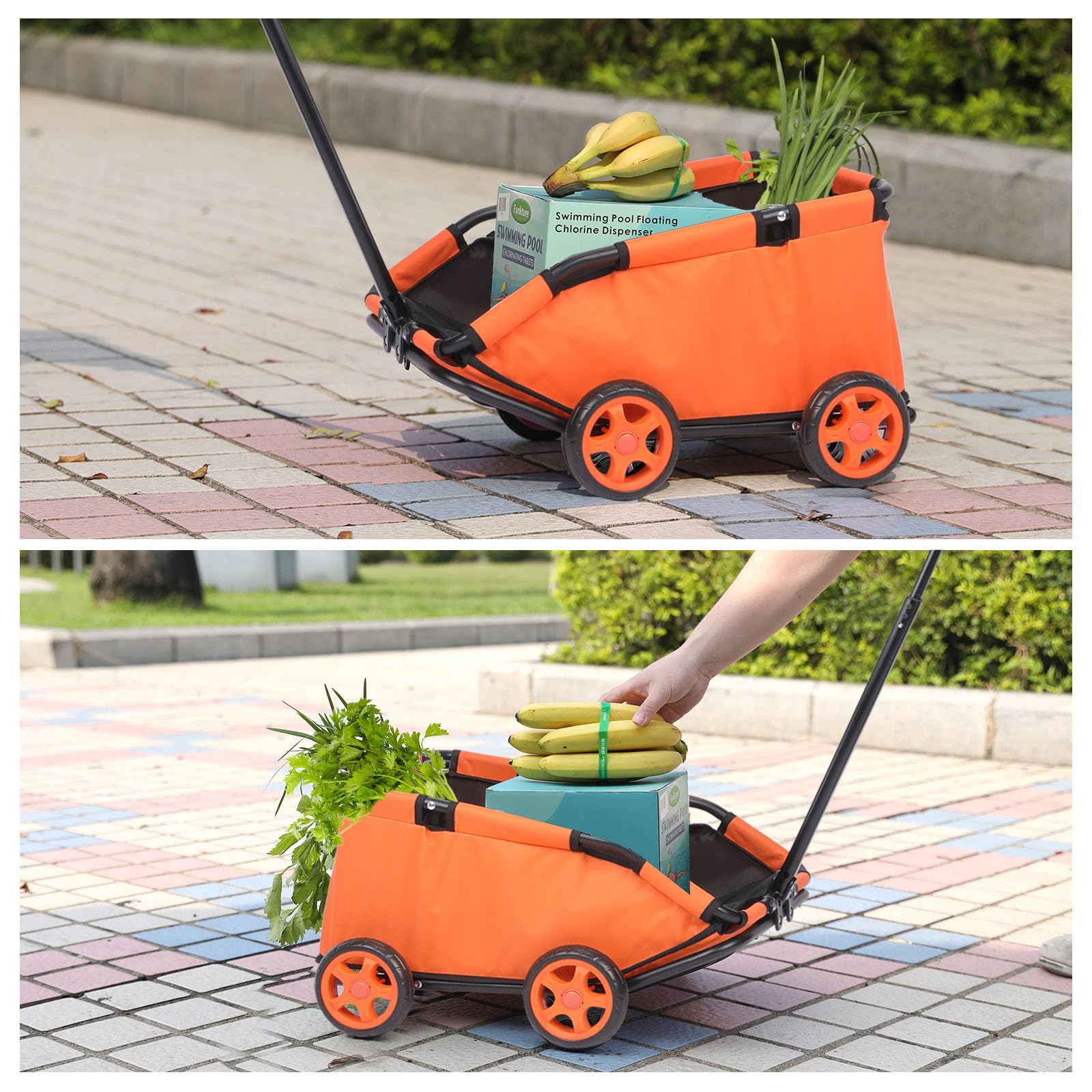 Passeggino per mini animali domestici, carrello della spesa pieghevole multifunzionale con maniglia estensibile, cuscino integrato e corda di sicurezza con borsa (arancione)
