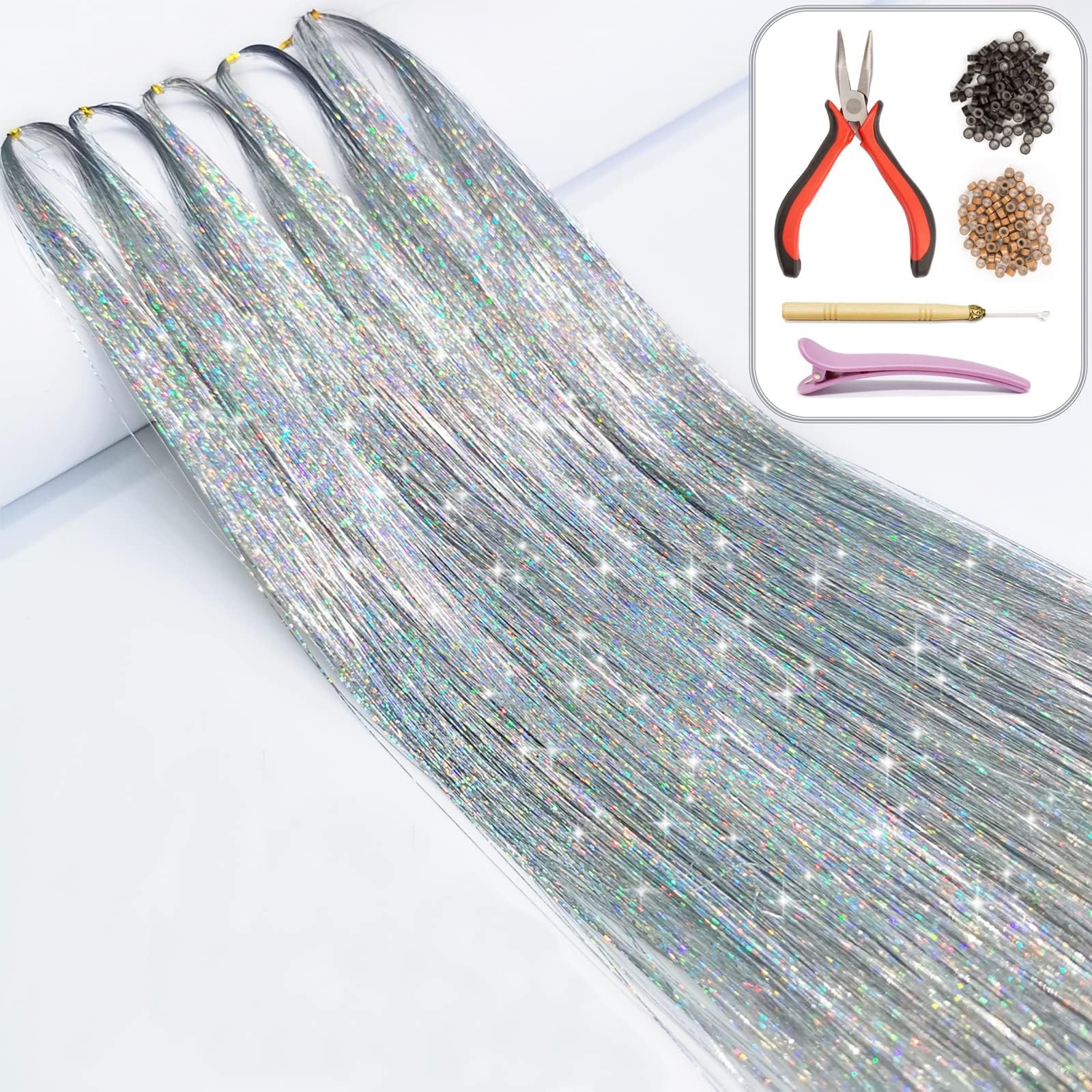 Hair Tinsel Kit with Tools and Instruction Easy to Use 1000 Strands 47 Inches Glitter Tinsel Hair Extensions for Women and Girls, Sparkling Shinny Fairy Hair Accessories for Christmas New Year Halloween Cosplay Party (Silver)
