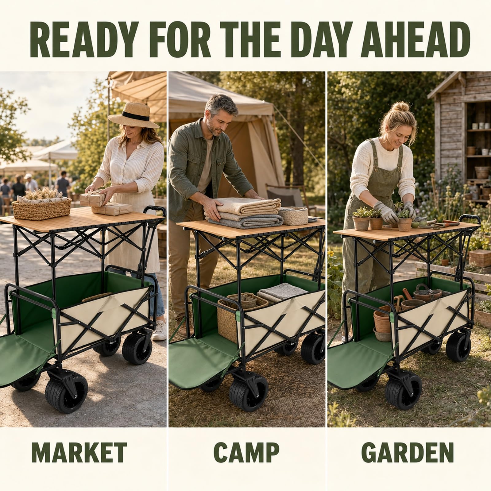 Foldable Utility Wagon with Tabletop Heavy Duty Camping Cart