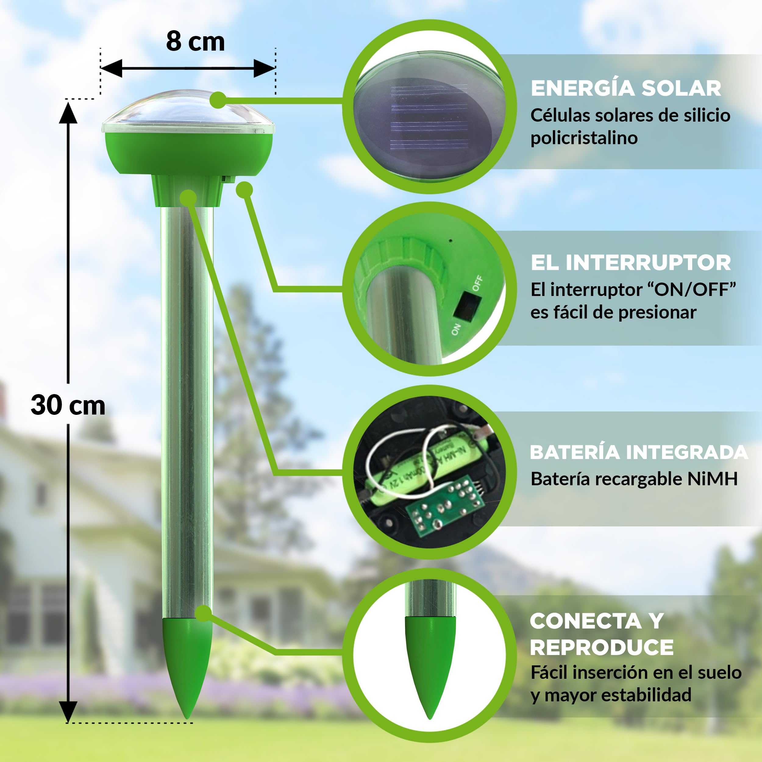 ISOTRONIC Repelente Solar para Topos, topillos y Serpientes – Incluye estaca para el Suelo – Alcance Efectivo de 700 m² (6 Unidades)