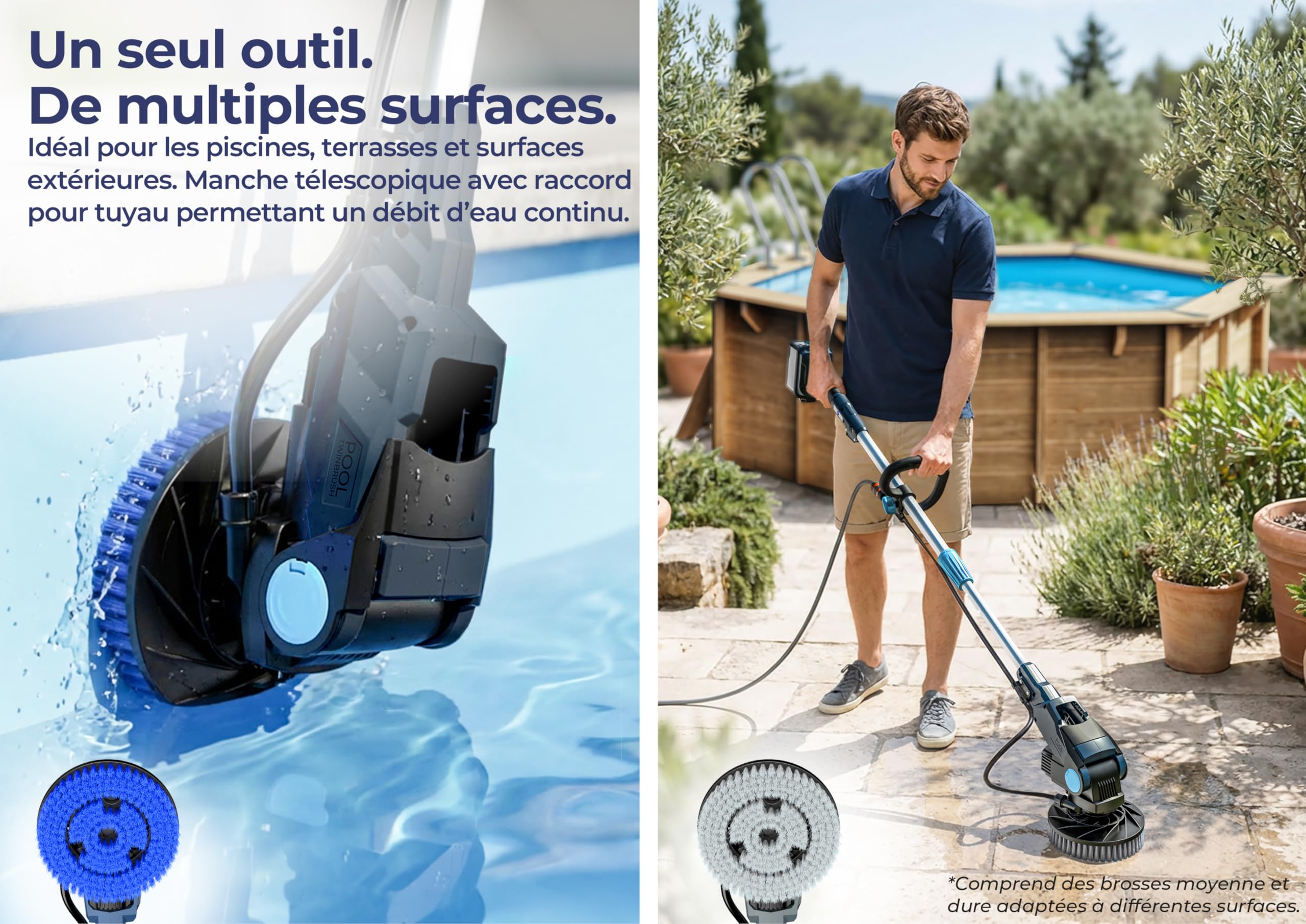 Gre Twin Brush Nettoyeur de Fond Batterie, 2 Brosses pour Fond et Terrasse