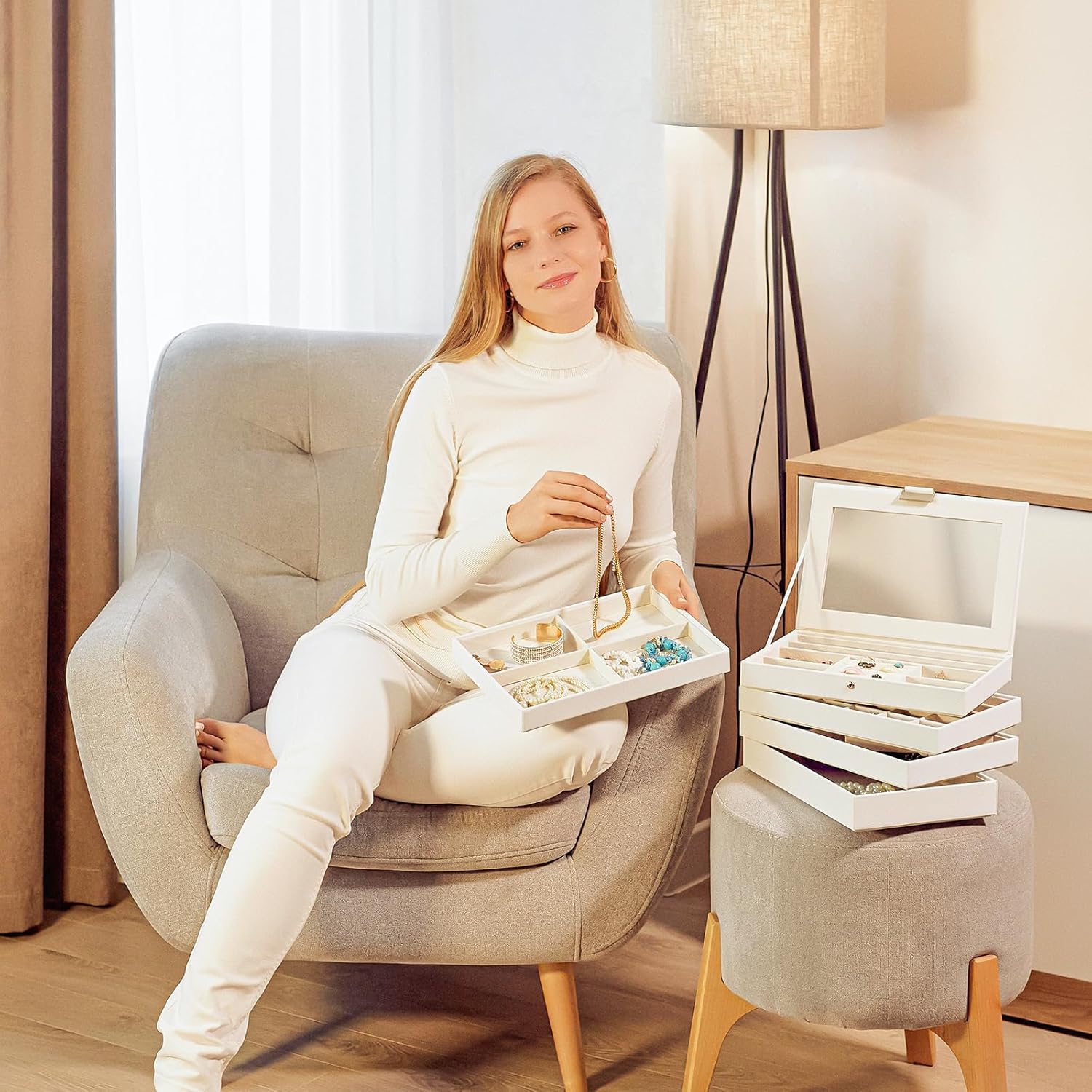 ProCase 5 Layers Stackable Jewelry Tray Box, Stackers Jewelry Trays for Dresser Drawer Storage, Jewelry Organizer Case with Lid -White - Image 3